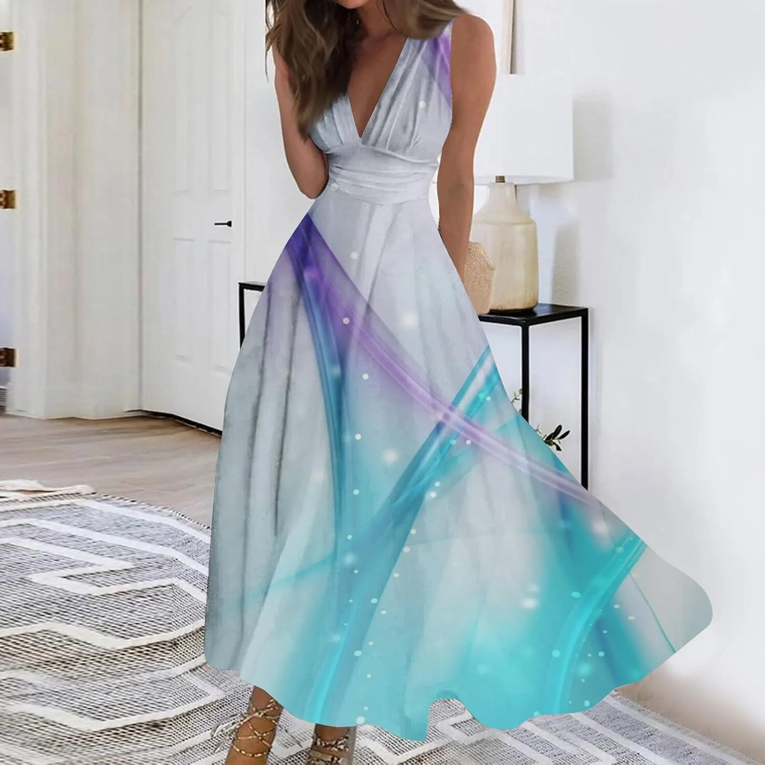 Azeralia Spring Dresses for Women 2024 V-Neck Sleeveless Sun Dress for Beach Vacation Sundresses for Women Plus Size Dresses