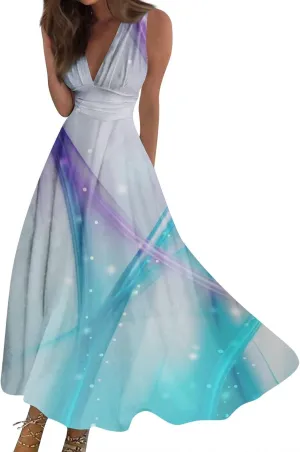 Azeralia Spring Dresses for Women 2024 V-Neck Sleeveless Sun Dress for Beach Vacation Sundresses for Women Plus Size Dresses