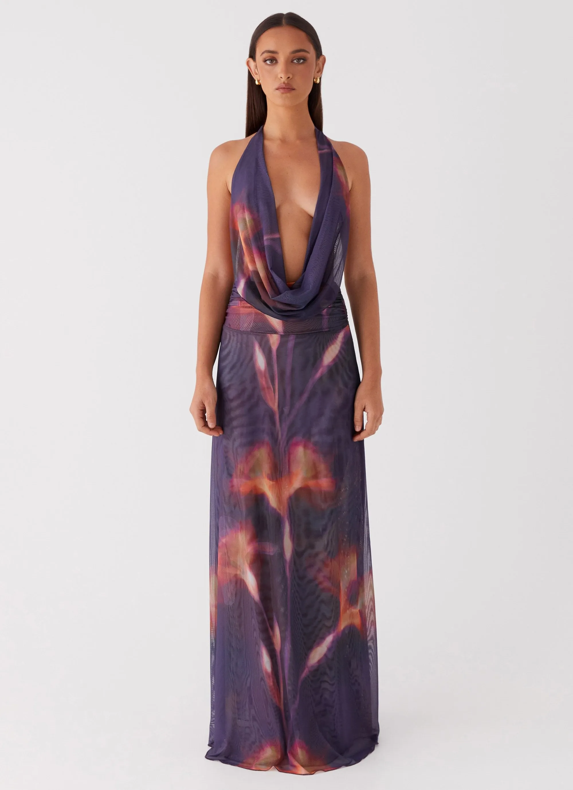 Elysia Mesh Maxi Dress - Midnight Bloom Brunch Outfit Roomy Cut