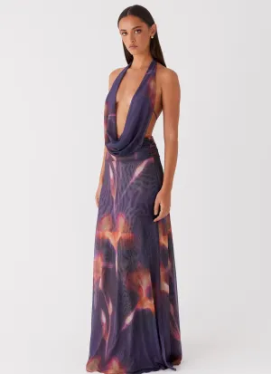 Elysia Mesh Maxi Dress - Midnight Bloom Geometric Print