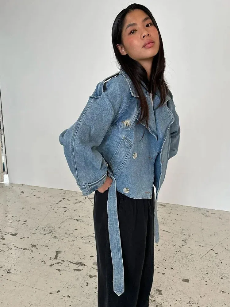 Back To School Joskaa Fashion Single Breasted Belt Women's Blue Denim Jackets Casual Long Sleeved Lapel Jean Coats 2024 Autumn New Female Commute Tops