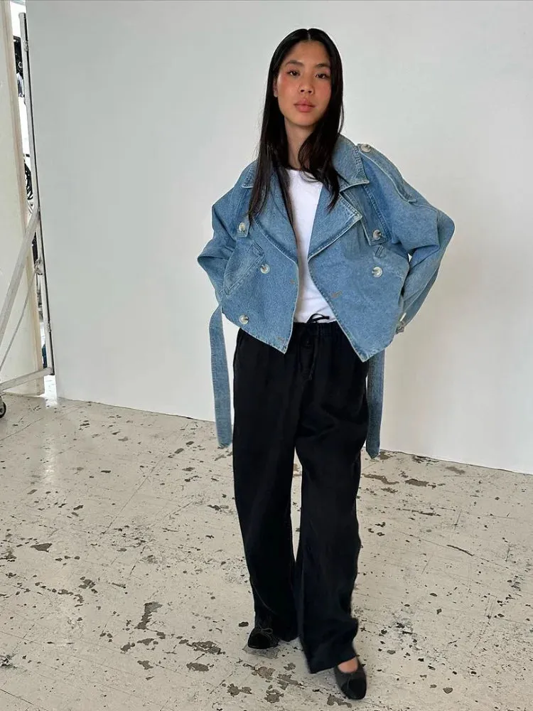 Back To School Joskaa Fashion Single Breasted Belt Women's Blue Denim Jackets Casual Long Sleeved Lapel Jean Coats 2024 Autumn New Female Commute Tops