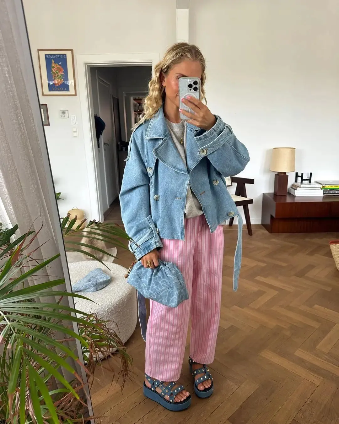 Back To School Joskaa Fashion Single Breasted Belt Women's Blue Denim Jackets Casual Long Sleeved Lapel Jean Coats 2024 Autumn New Female Commute Tops