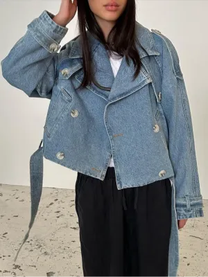 Back To School Joskaa Fashion Single Breasted Belt Women's Blue Denim Jackets Casual Long Sleeved Lapel Jean Coats 2024 Autumn New Female Commute Tops