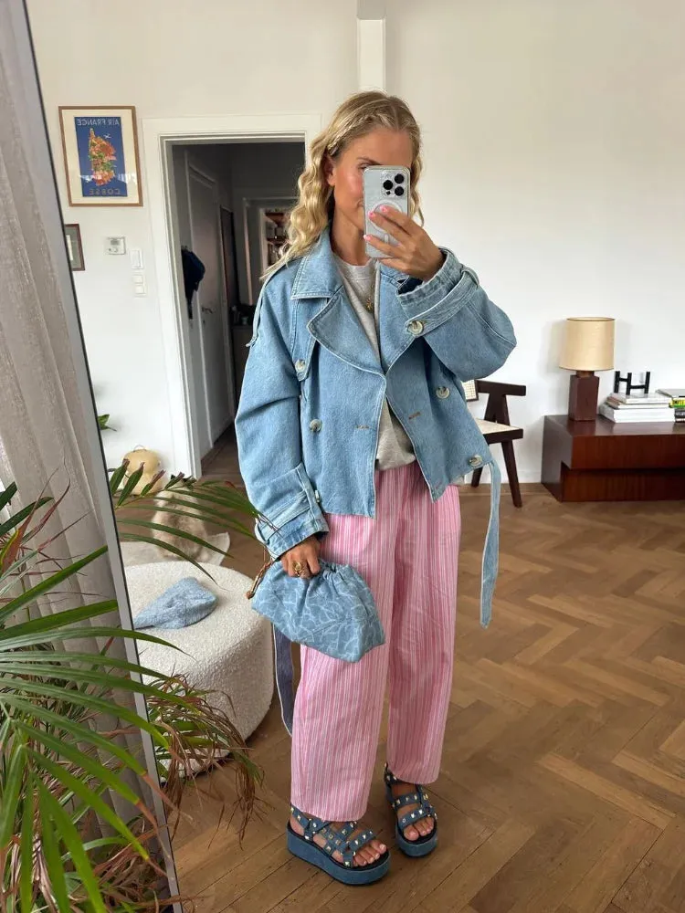 Back To School Joskaa Fashion Single Breasted Belt Women's Blue Denim Jackets Casual Long Sleeved Lapel Jean Coats 2024 Autumn New Female Commute Tops