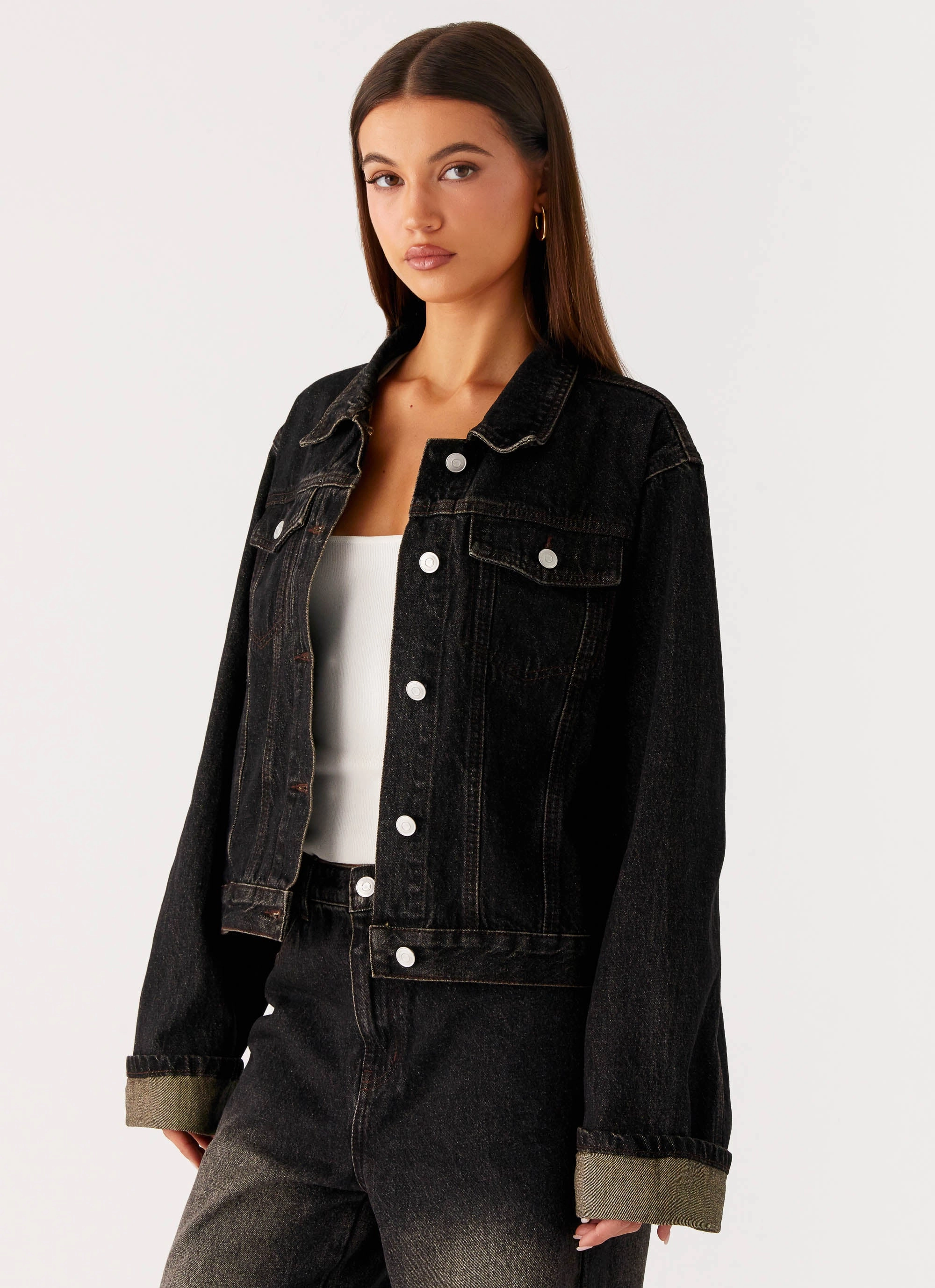 Back Again Oversized Denim Jacket - Acid Charcoal Stretchable Cuffs