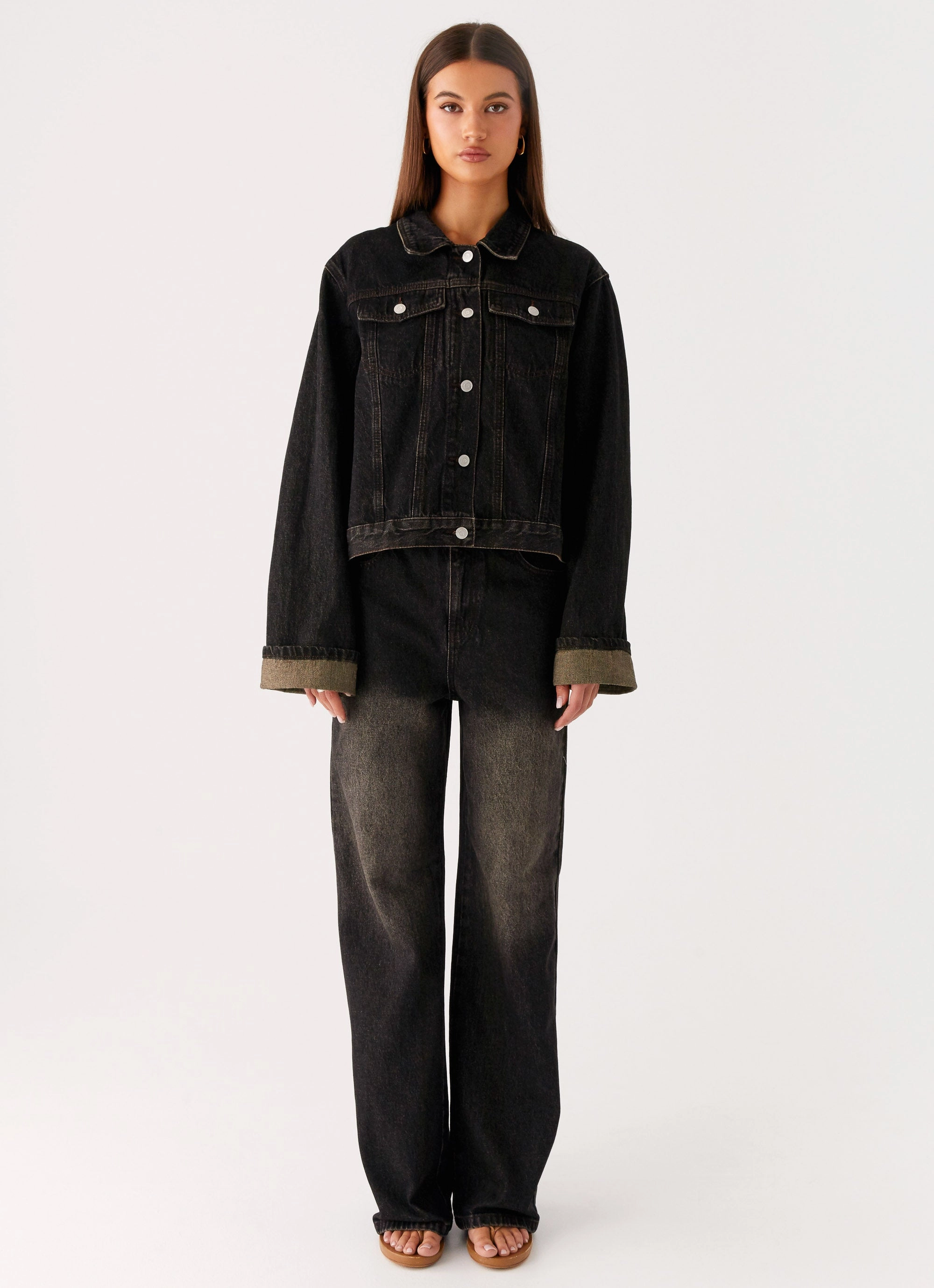 Back Again Oversized Denim Jacket - Acid Charcoal Crisp Look