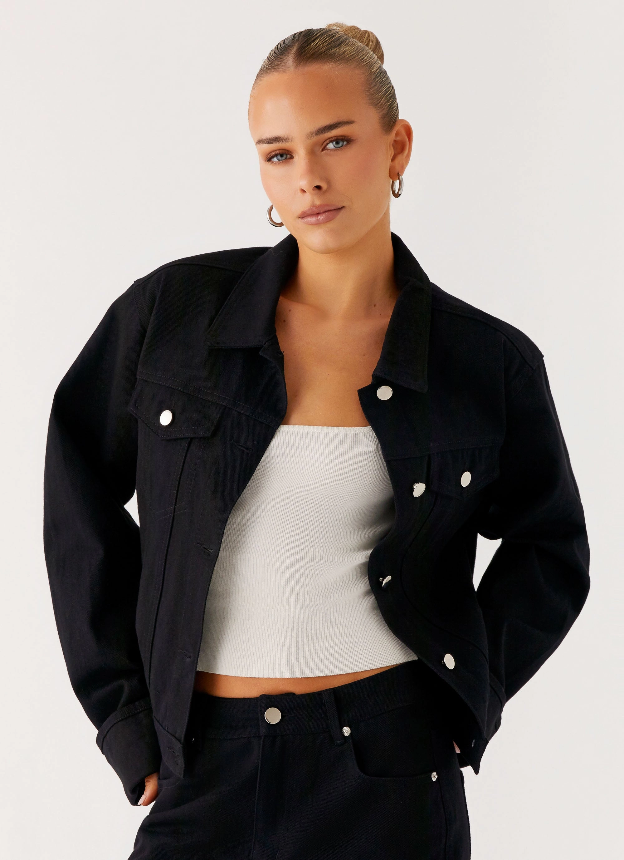Back Again Oversized Denim Jacket - Black Waist Belt