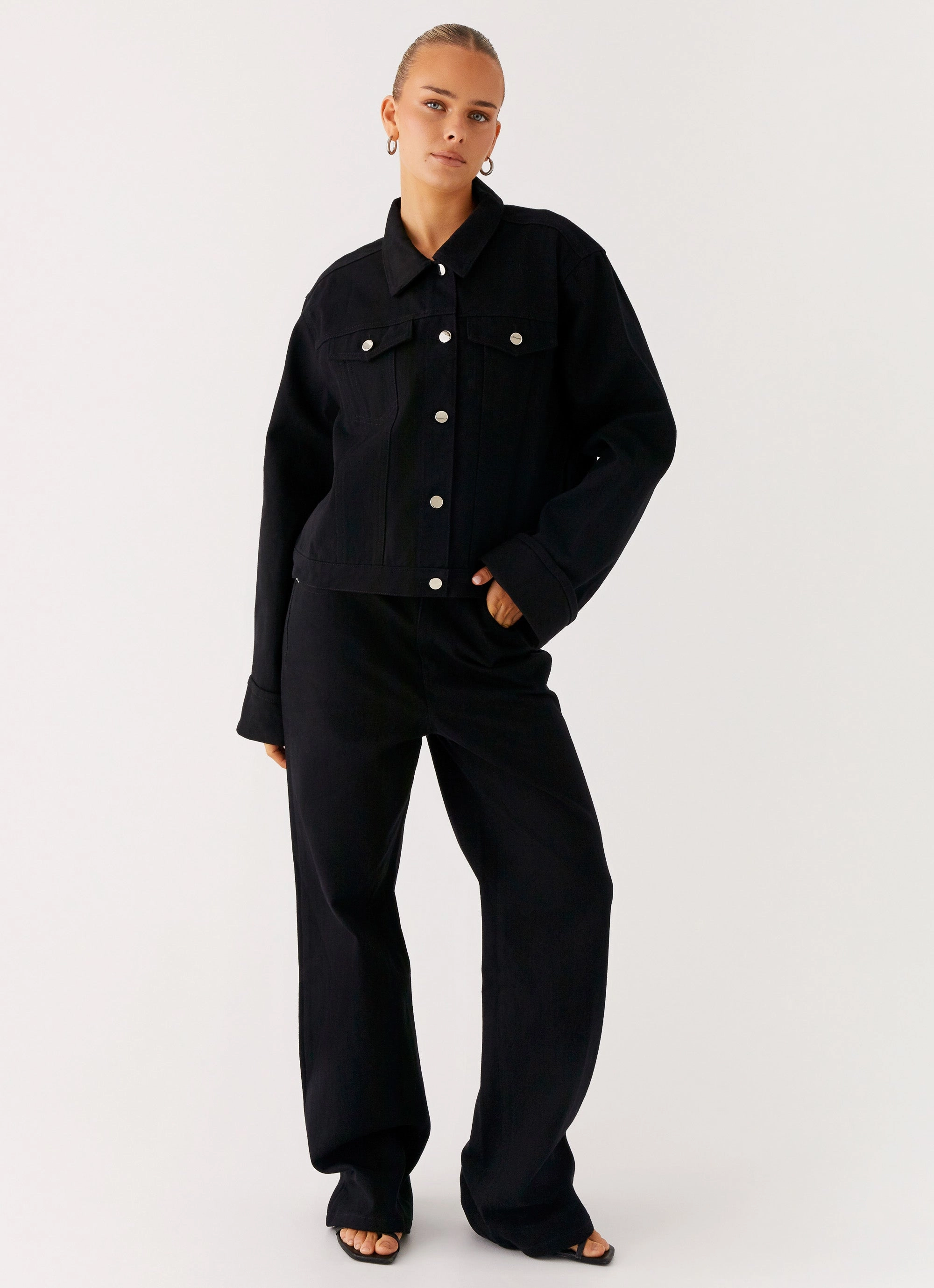 Back Again Oversized Denim Jacket - Black Flexible Fit Engineering Layered Collar