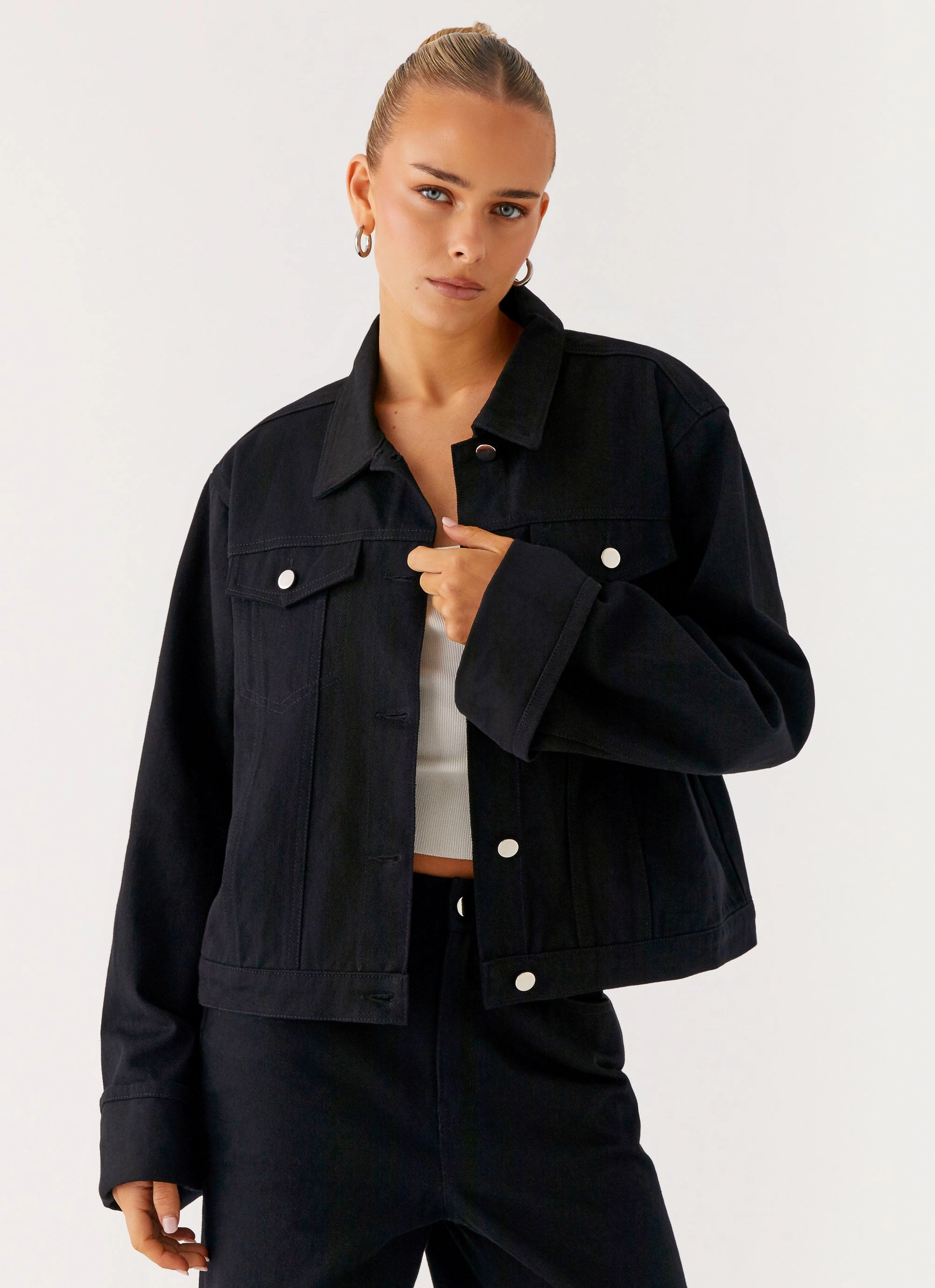 All Weather Protection Abrasion Resistant Trim Back Again Oversized Denim Jacket - Black