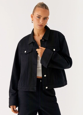 All Weather Protection Abrasion Resistant Trim Back Again Oversized Denim Jacket - Black