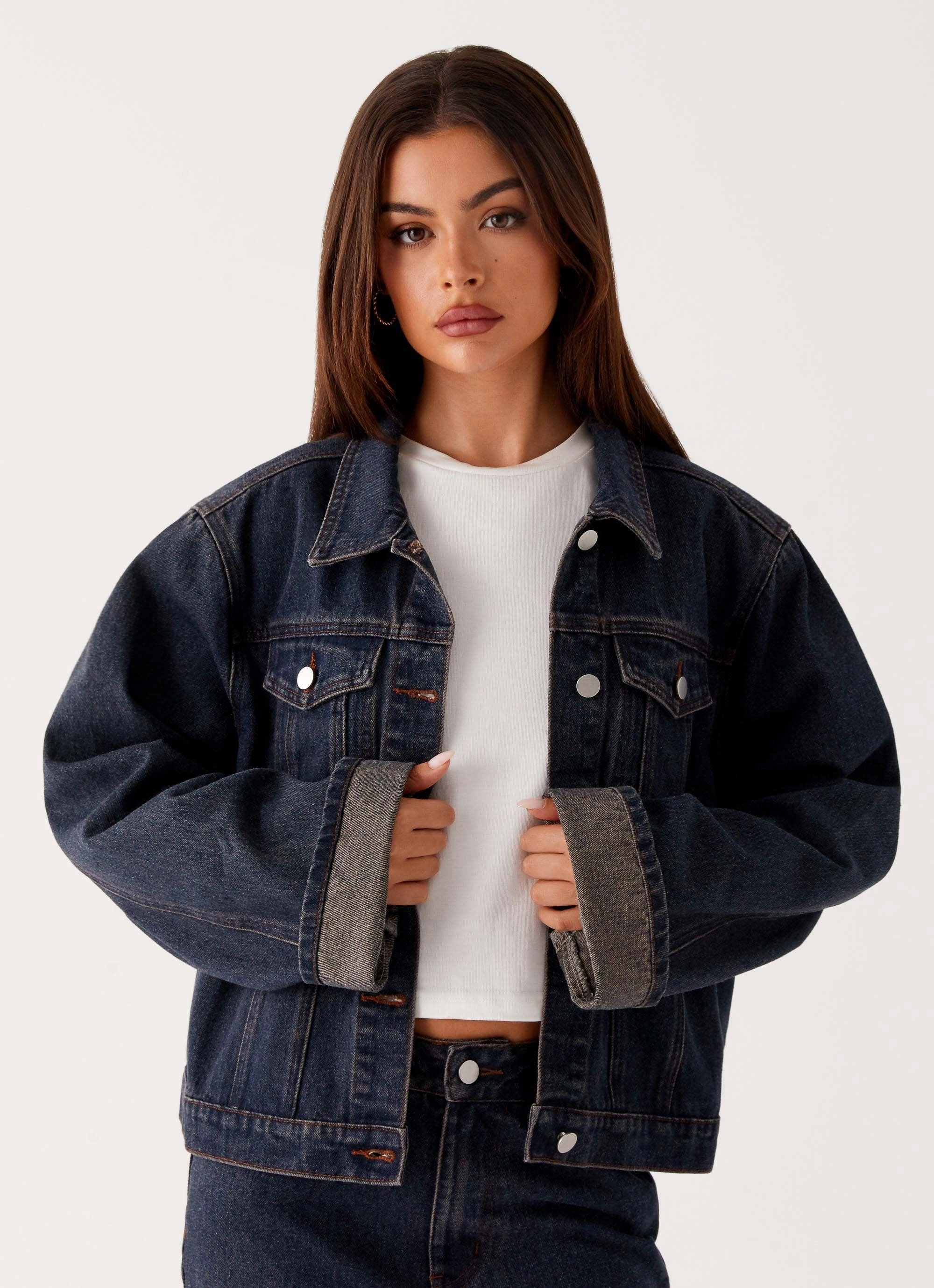 Simple Outer Glow In The Dark Accents Back Again Oversized Denim Jacket - Brown Blue Acid Wash