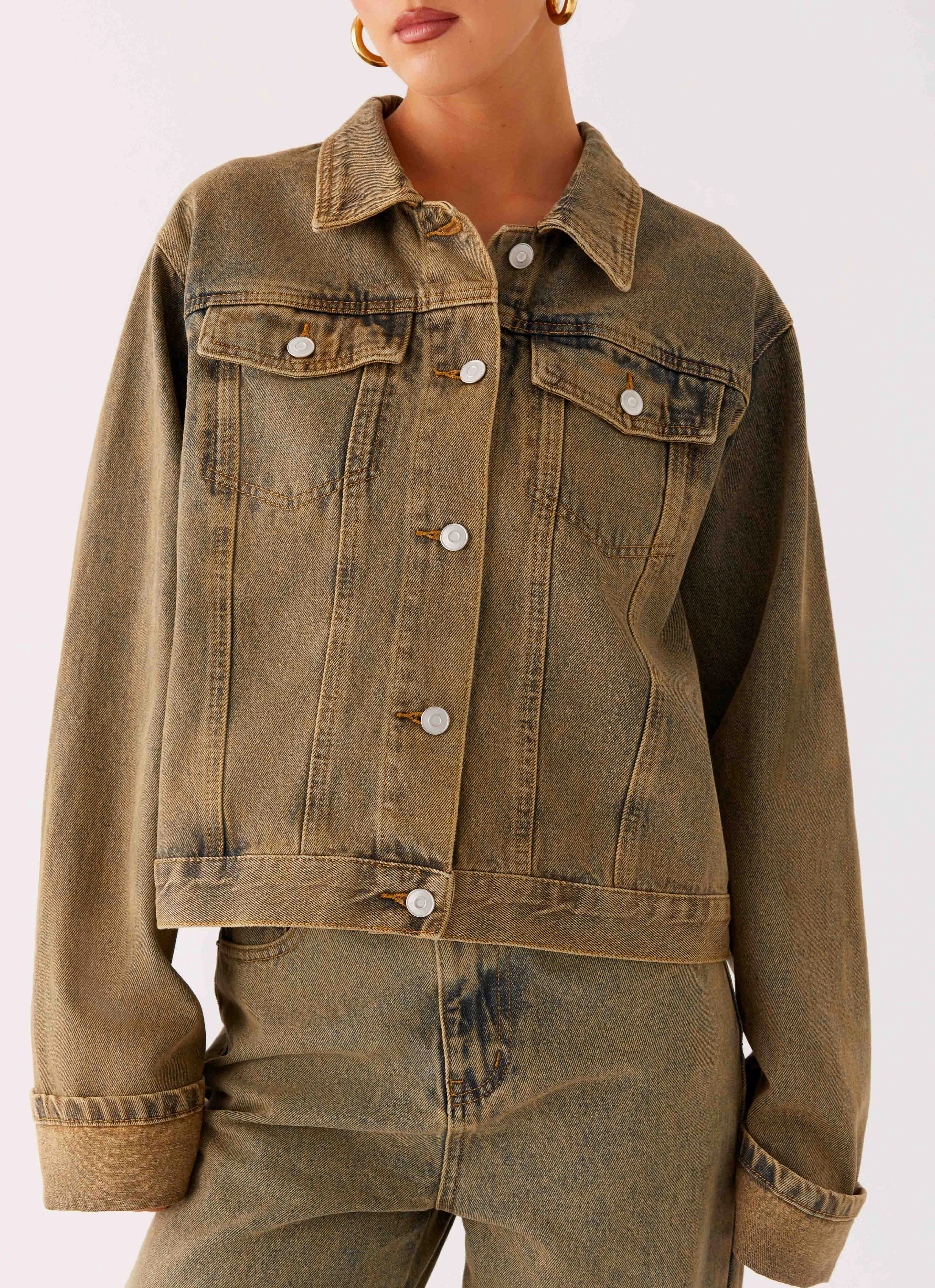 Back Again Oversized Denim Jacket - Brown Sand Wash Adjustable Belt