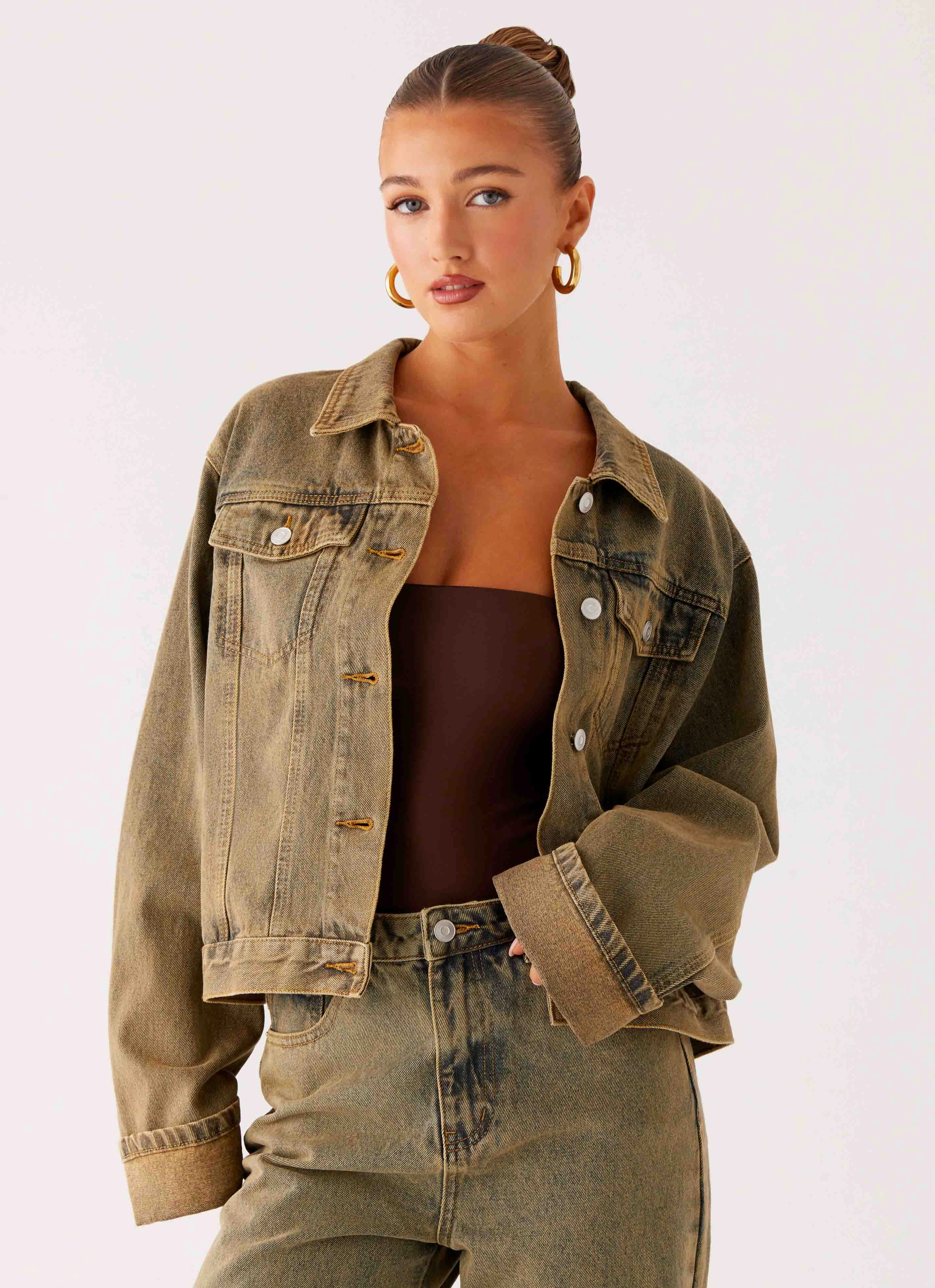 Back Again Oversized Denim Jacket - Brown Sand Wash Fashion Use QuickRelease Buckles