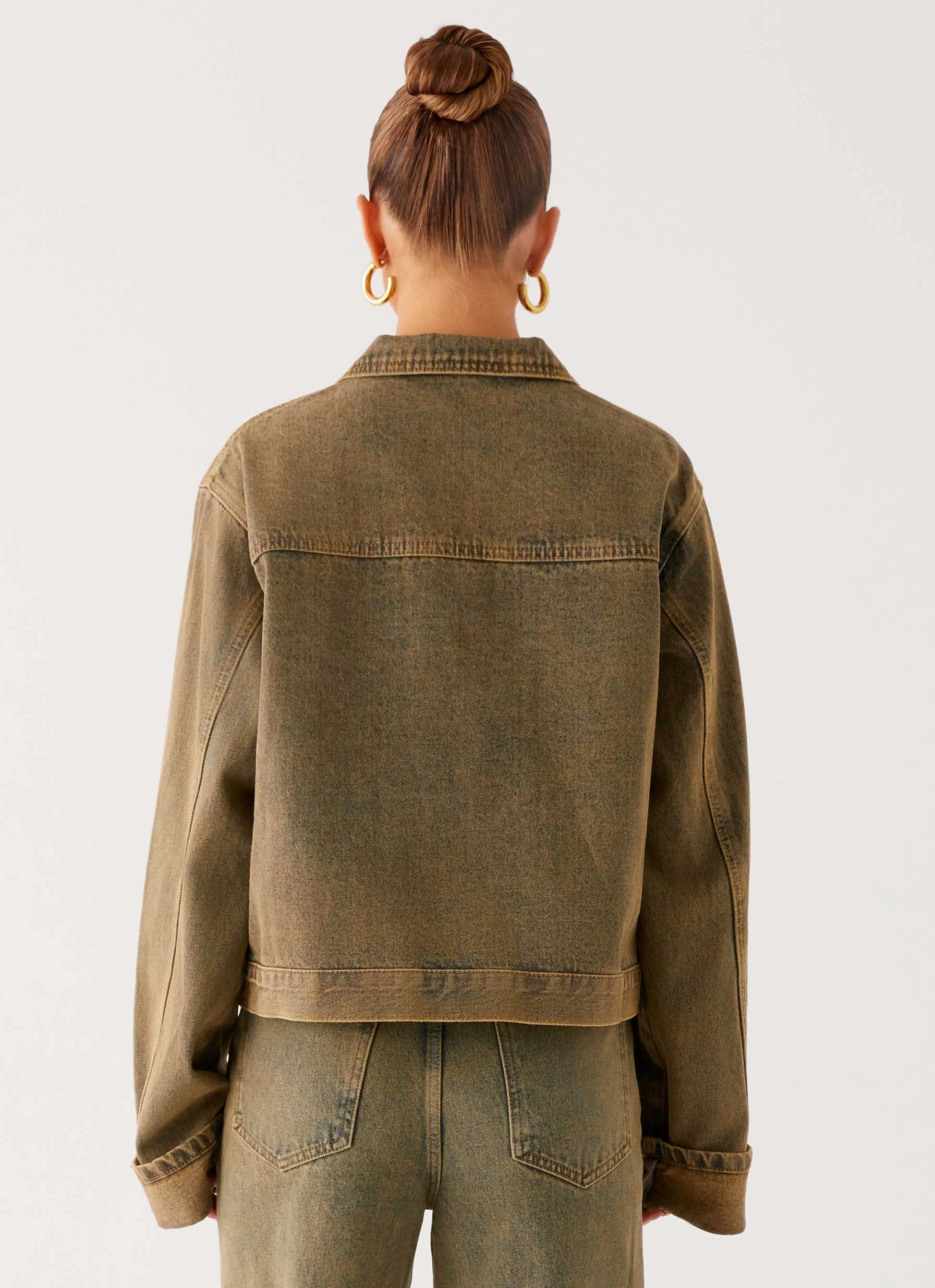 Back Again Oversized Denim Jacket - Brown Sand Wash Eco Friendly Dyed Fabric Water Resistant Design