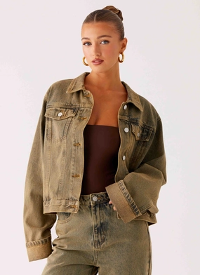 Back Again Oversized Denim Jacket - Brown Sand Wash Tear Resistant Material Back Again Oversized Denim Jacket - Brown Sand Wash Fashion Use QuickRelease Buckles