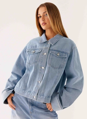 Back Again Oversized Denim Jacket - Light Wash Blue Insulated Layer Sun Protection Fabric Back Again Oversized Denim Jacket - Light Wash Blue