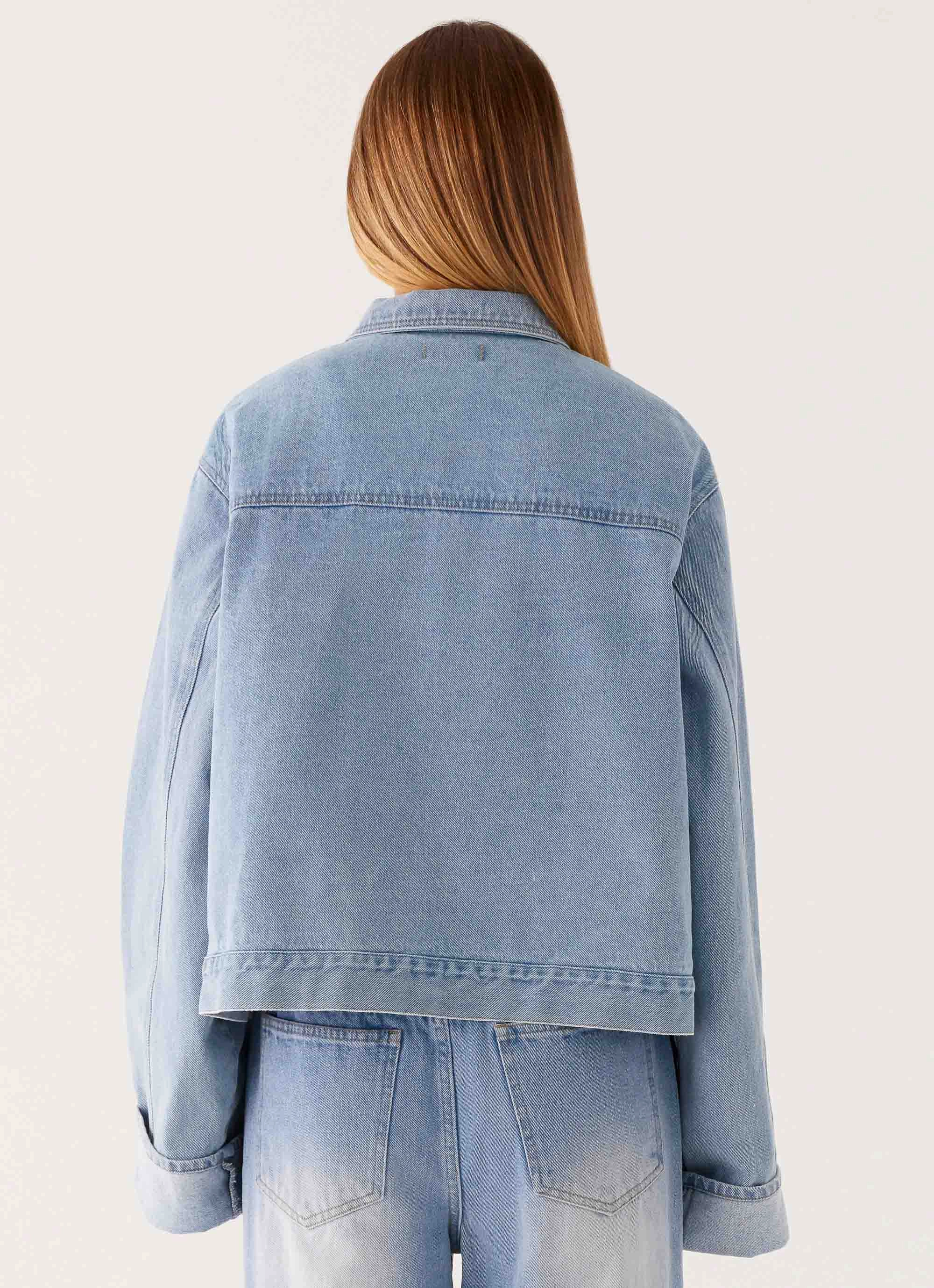Back Again Oversized Denim Jacket - Light Wash Blue Convertible Collar Style City Walking Style
