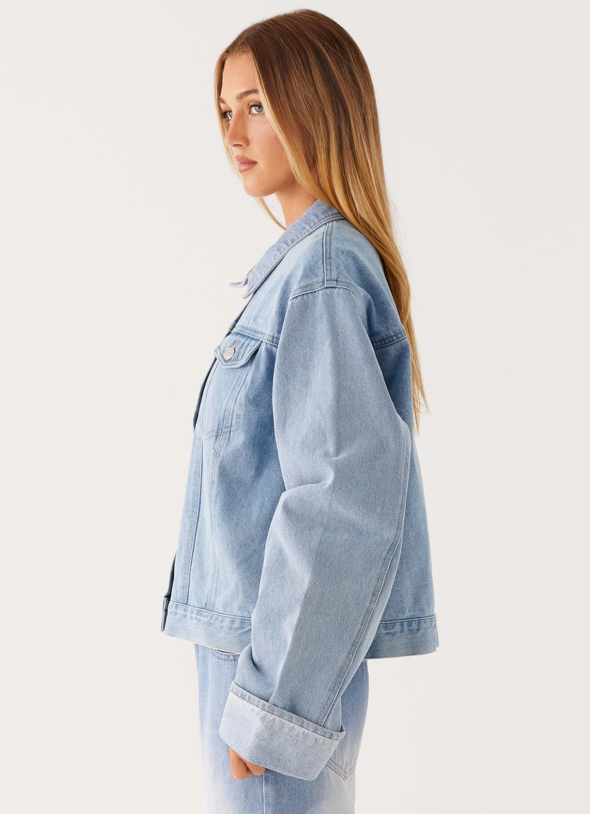 Back Again Oversized Denim Jacket - Light Wash Blue LightweightInsulation