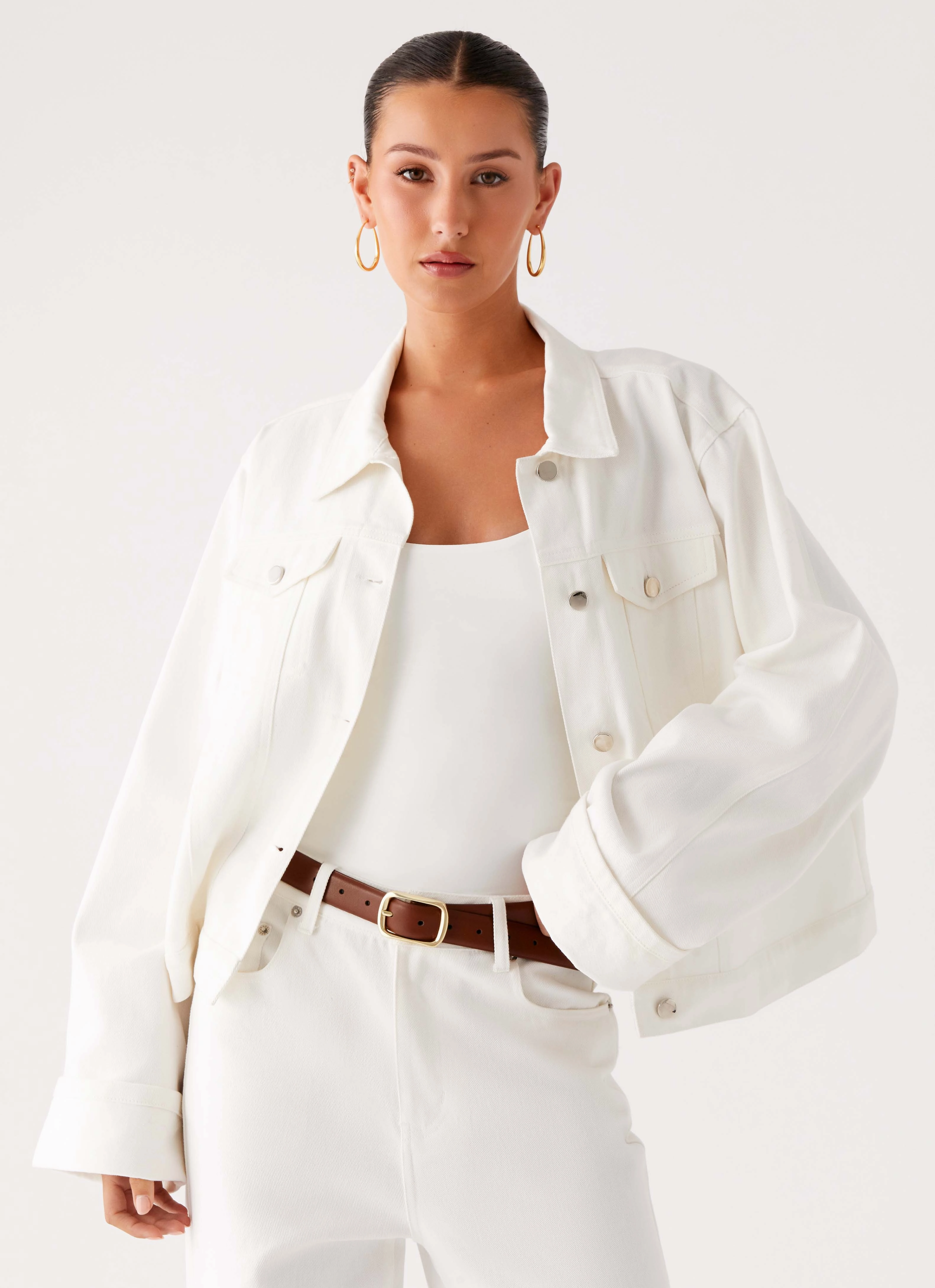 Back Again Oversized Denim Jacket - White ConvertibleCollar