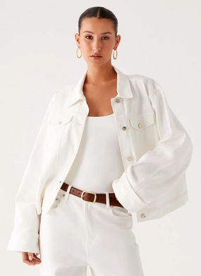 Back Again Oversized Denim Jacket - White ConvertibleCollar