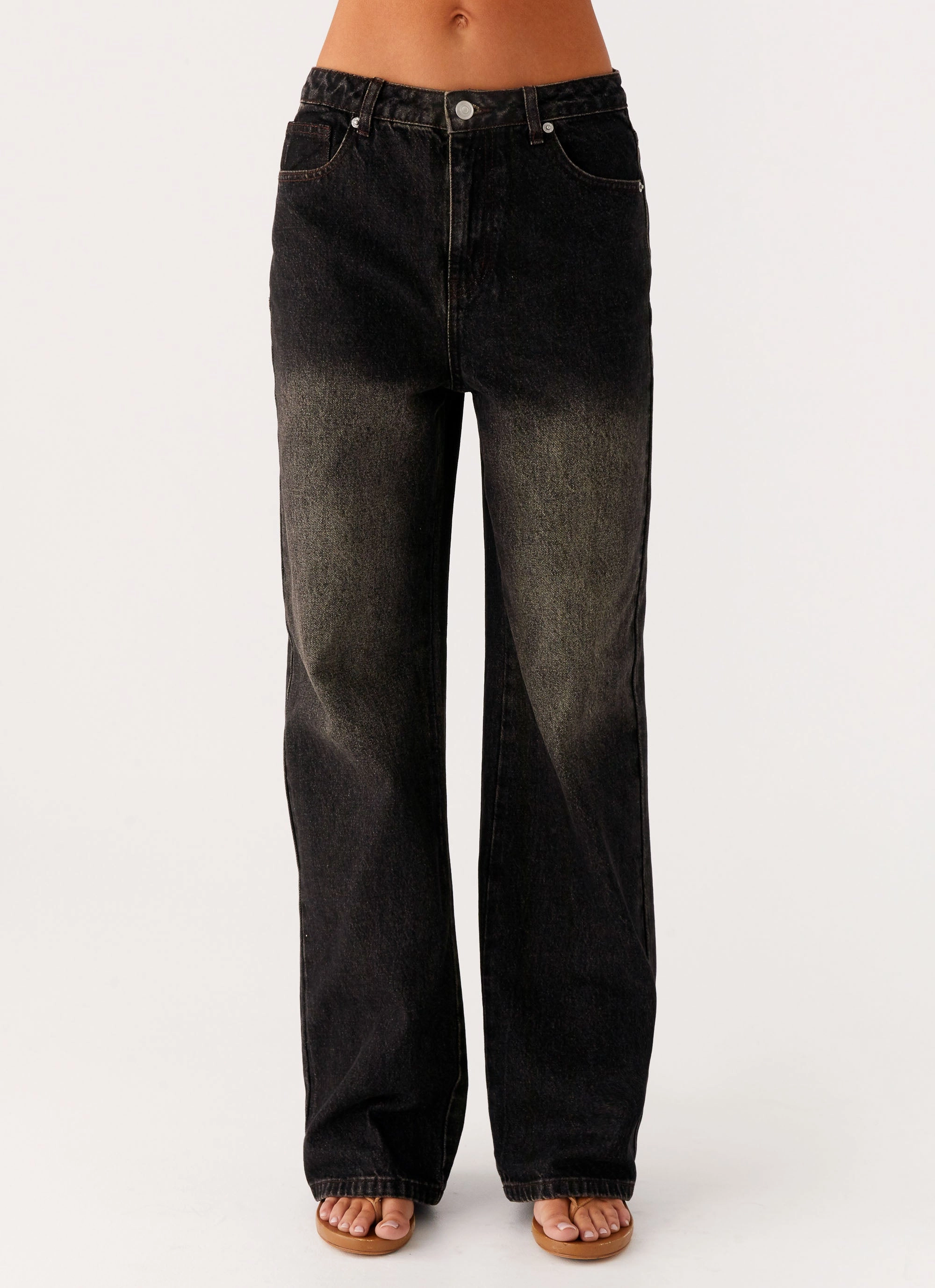 Back Again Straight Leg Denim Jeans - Acid Charcoal Stylish Waistband