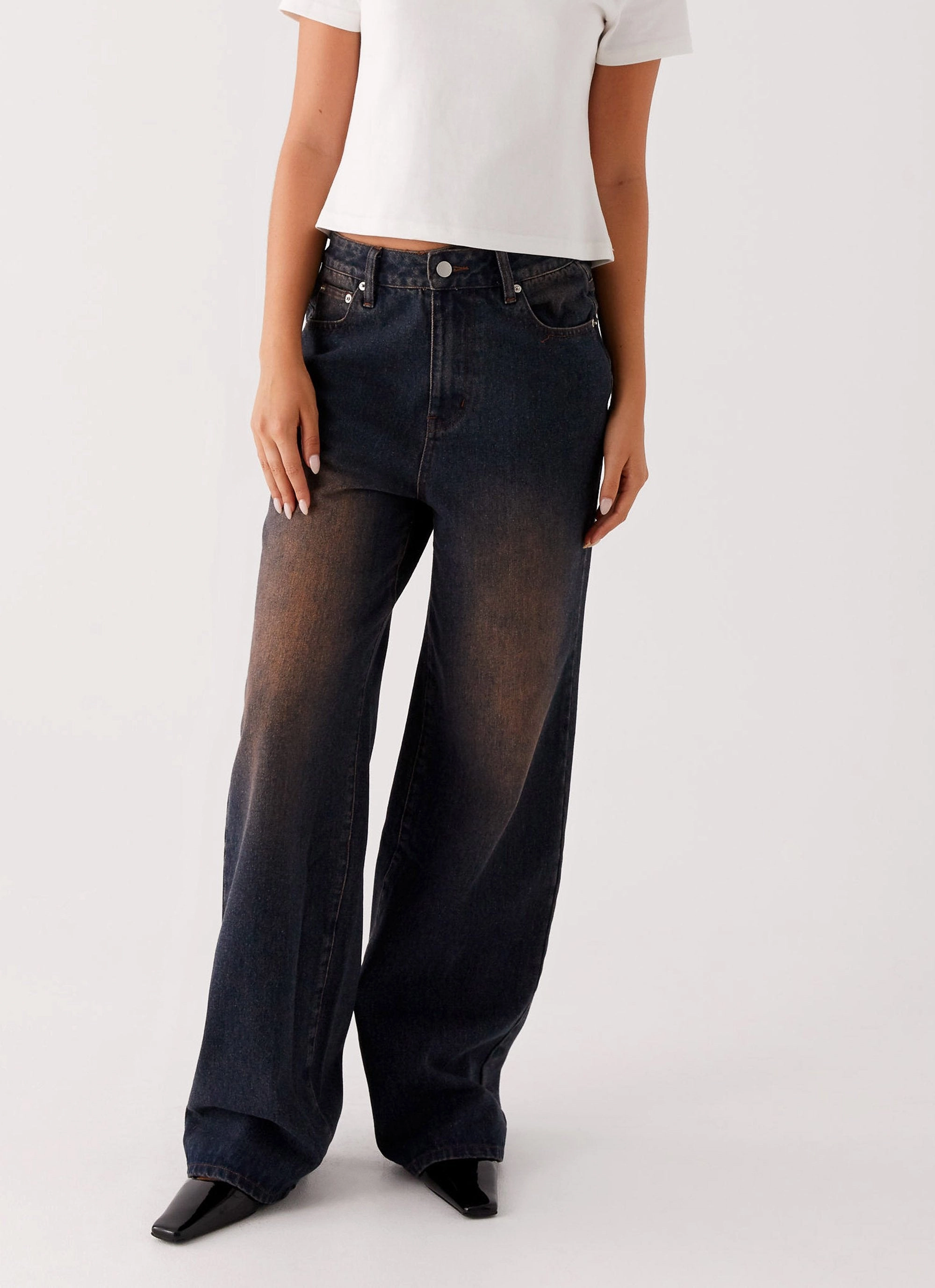 Back Again Straight Leg Denim Jeans - Brown Blue Acid Wash Party Look Luxury