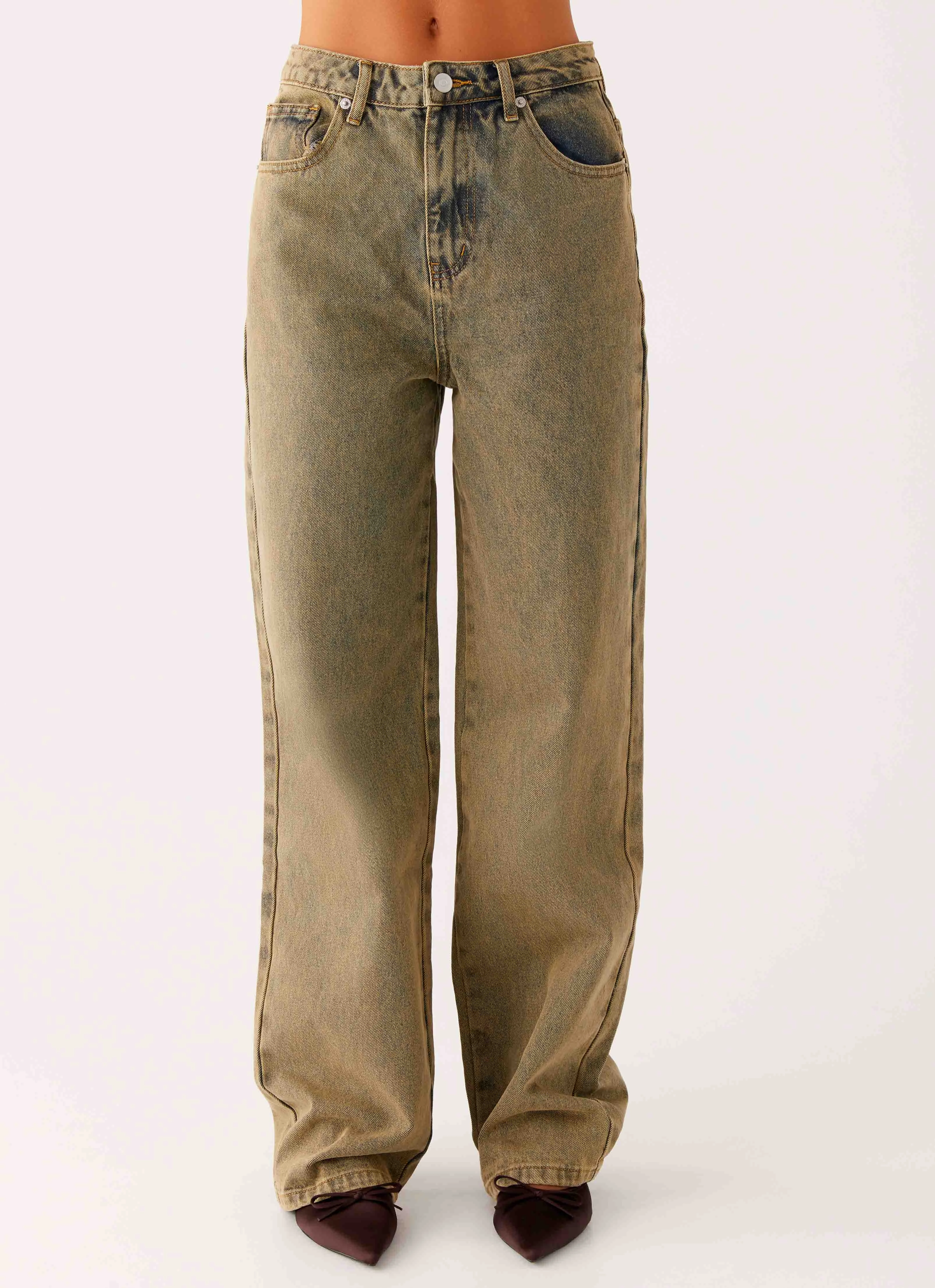 Back Again Straight Leg Denim Jeans - Brown Sand Wash Garment Dyed Texture