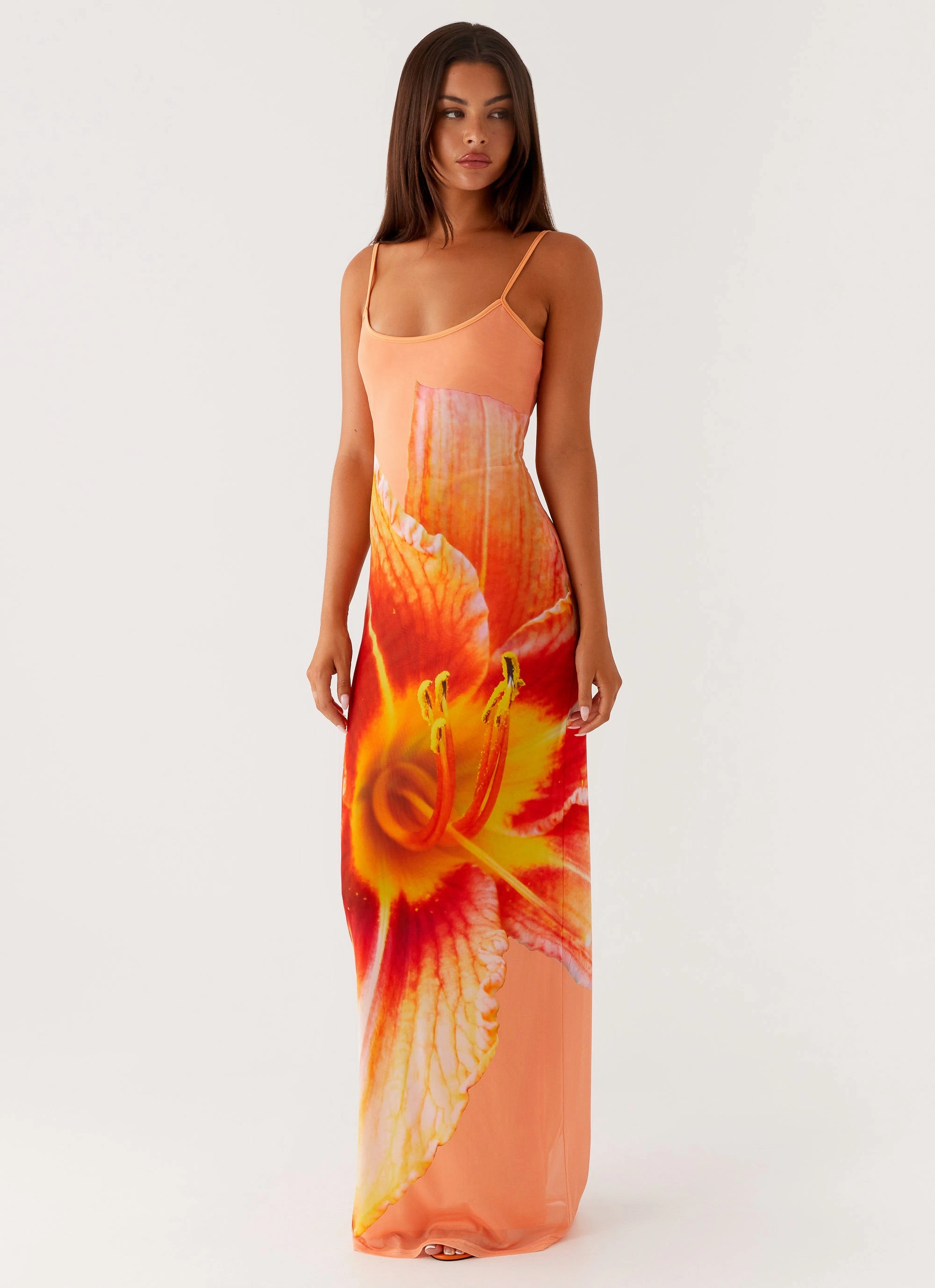 Bad News Mesh Maxi Dress - Orange Floral Work Appropriate Bright-Hue