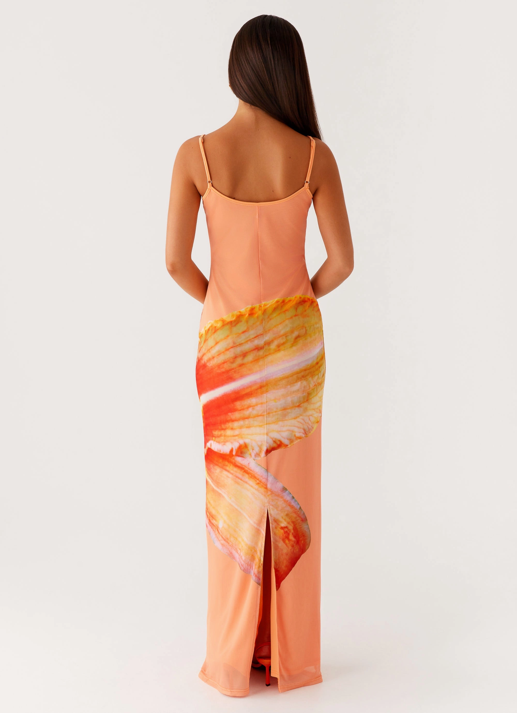 Bad News Mesh Maxi Dress - Orange Floral Daytime Look Soft Outfit