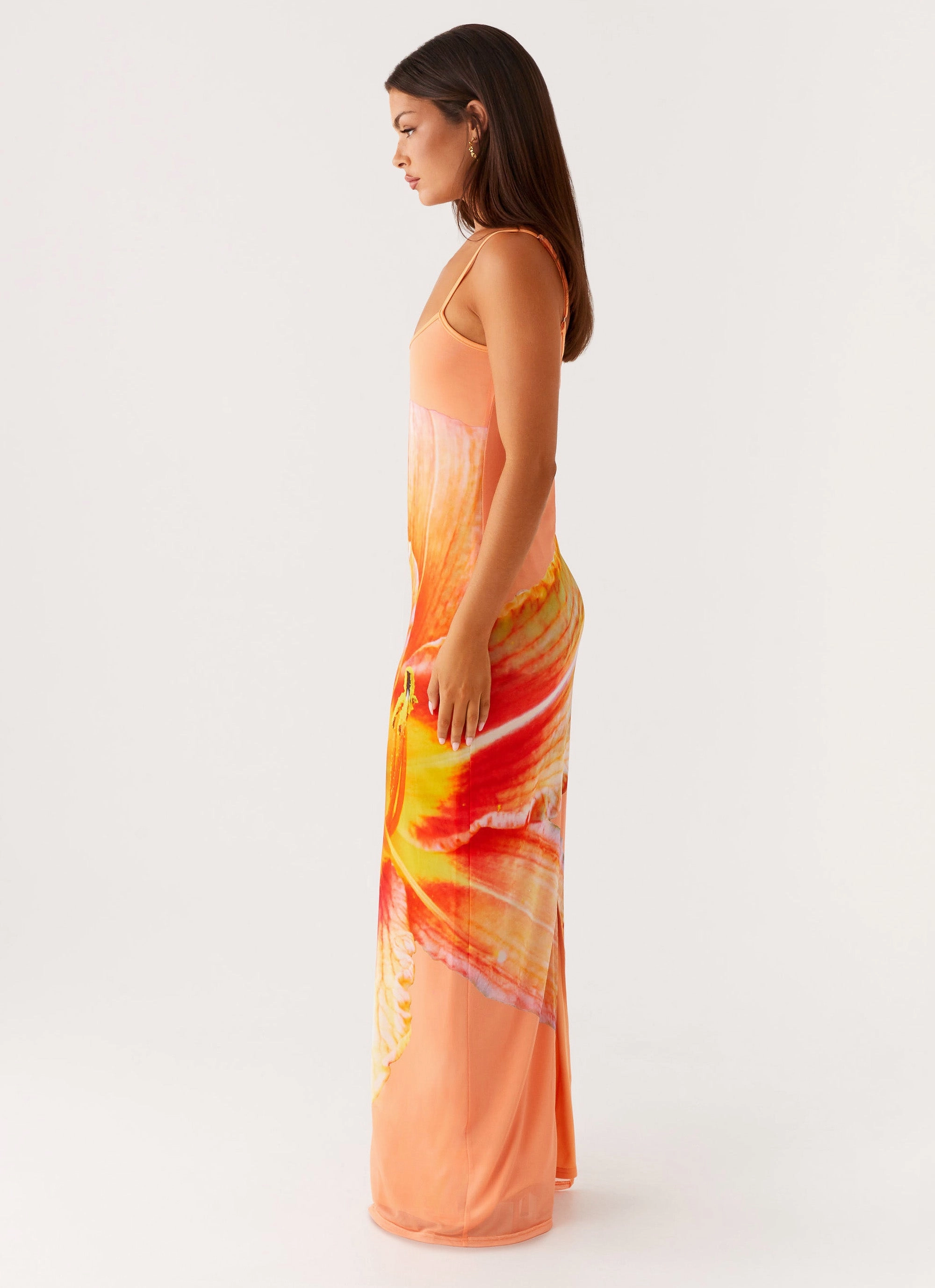 Lounge Moment Bad News Mesh Maxi Dress - Orange Floral