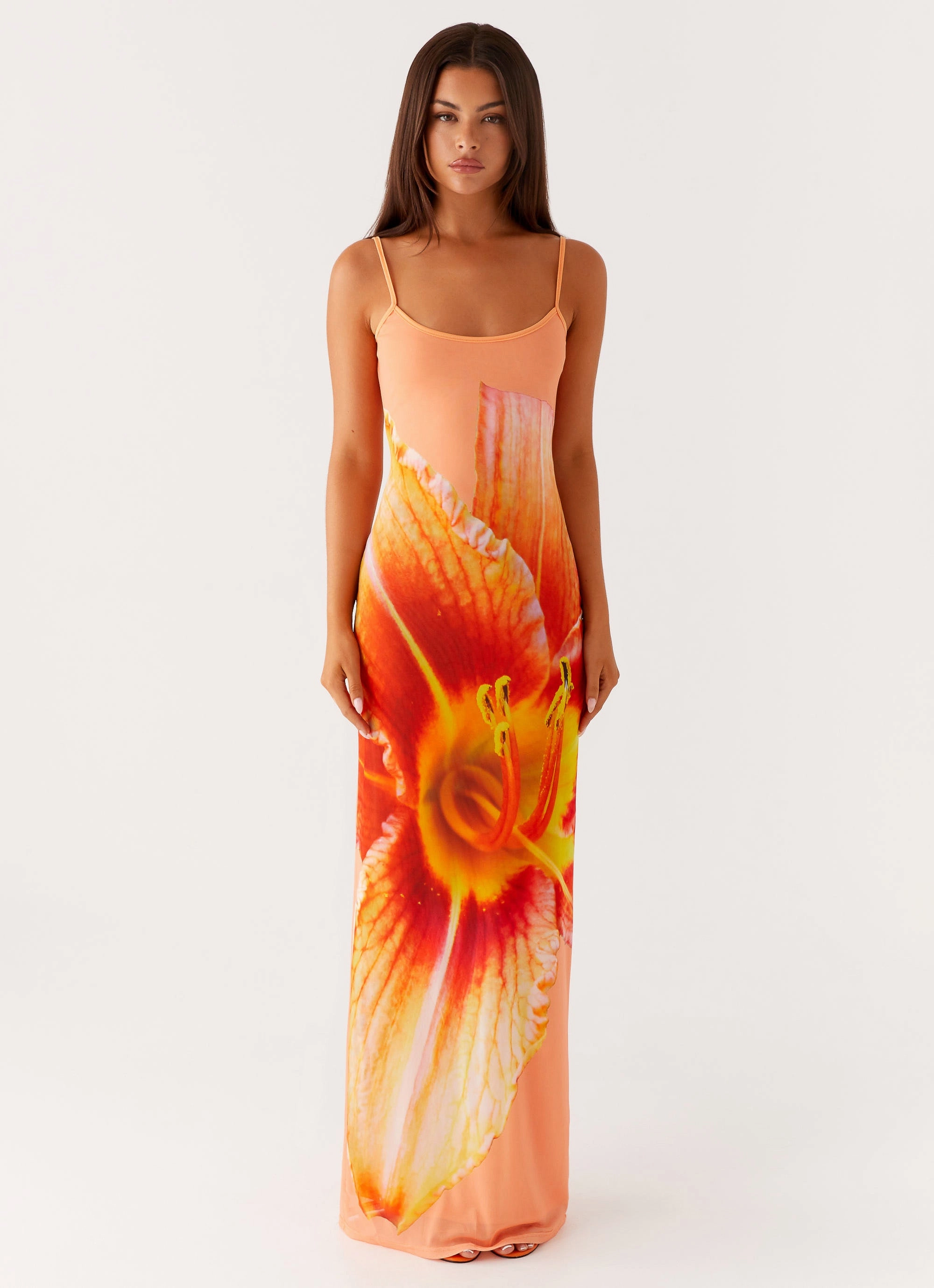 Bad News Mesh Maxi Dress - Orange Floral Resort Vibes