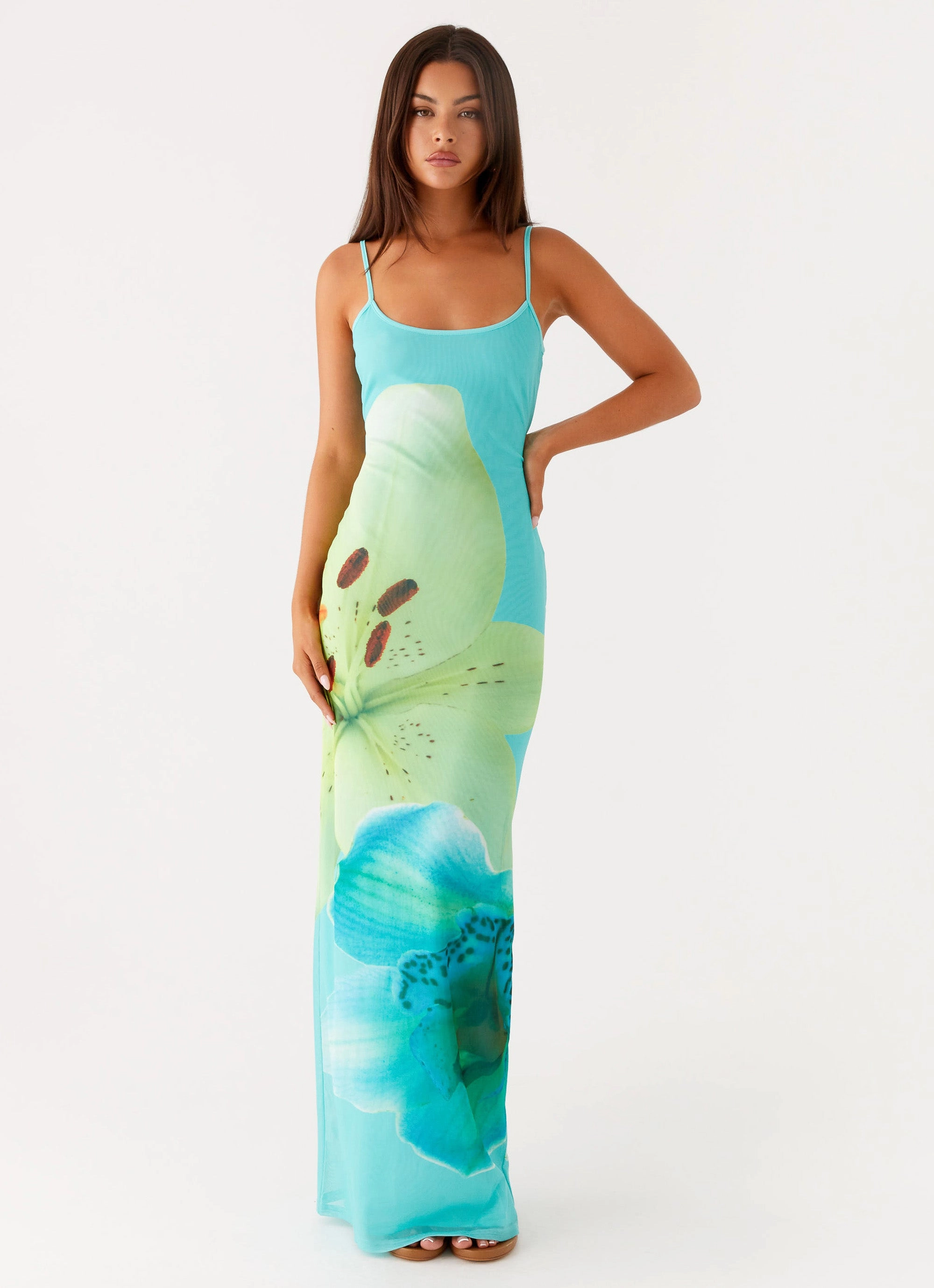 Easy Texture Chic Look Bad News Mesh Maxi Dress - Turquoise Floral