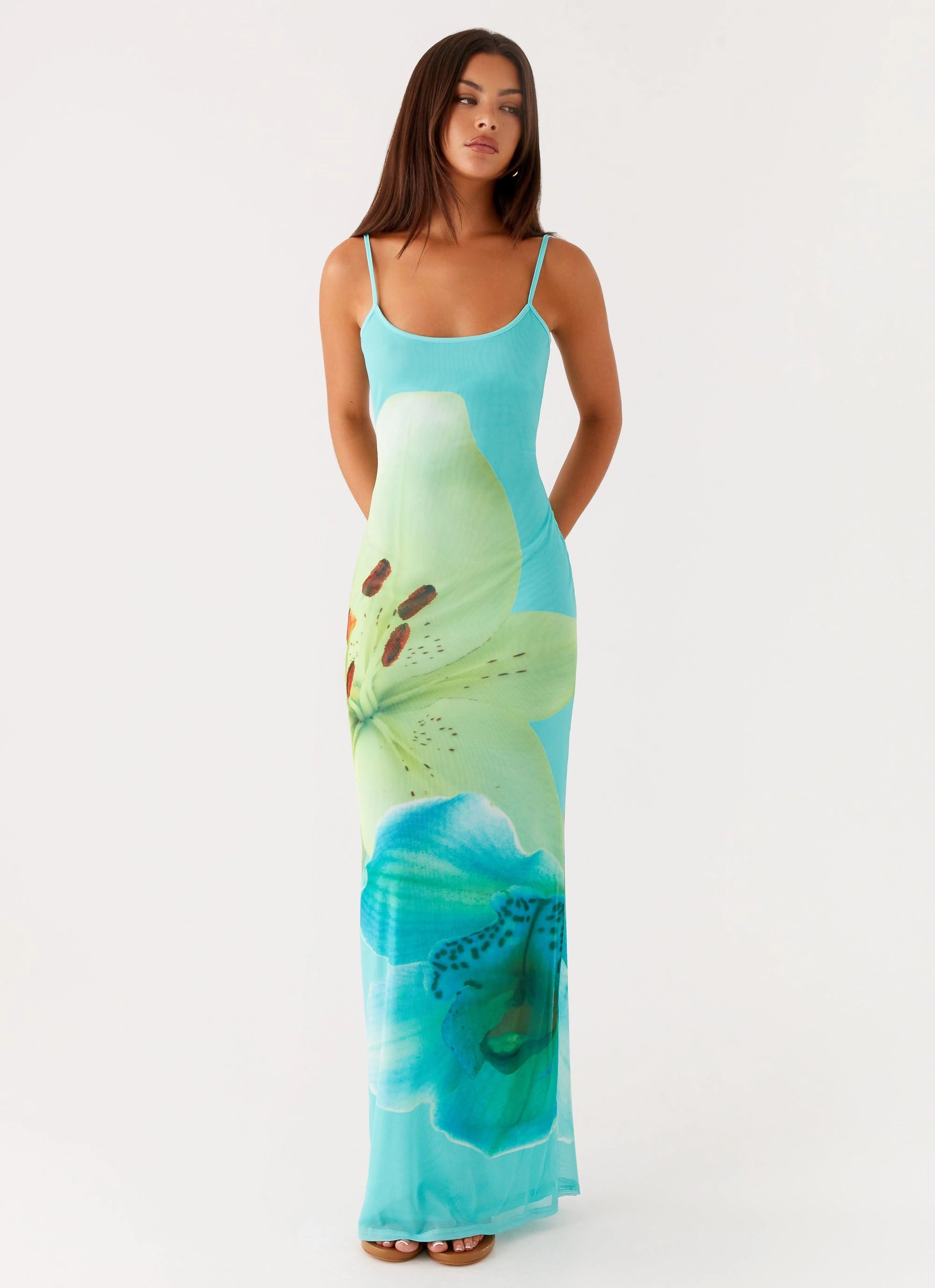 Cool Tone Bad News Mesh Maxi Dress - Turquoise Floral