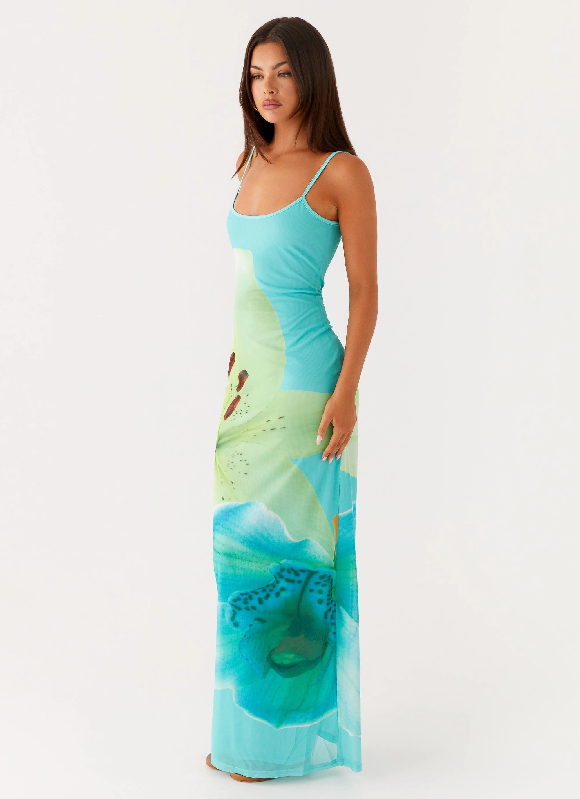 Simple Spirit Bright Bloom Bad News Mesh Maxi Dress - Turquoise Floral