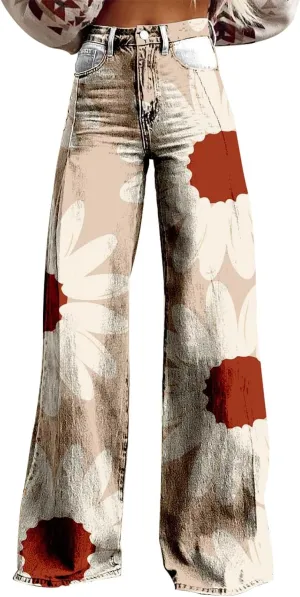 Baggy Flare Jeans for Women Baggy Flare Pants for Women Wide Leg Bell Bottoms Vintage Floral Print High Waisted Pant Going Out Street Trousers Pantalones para Mujer