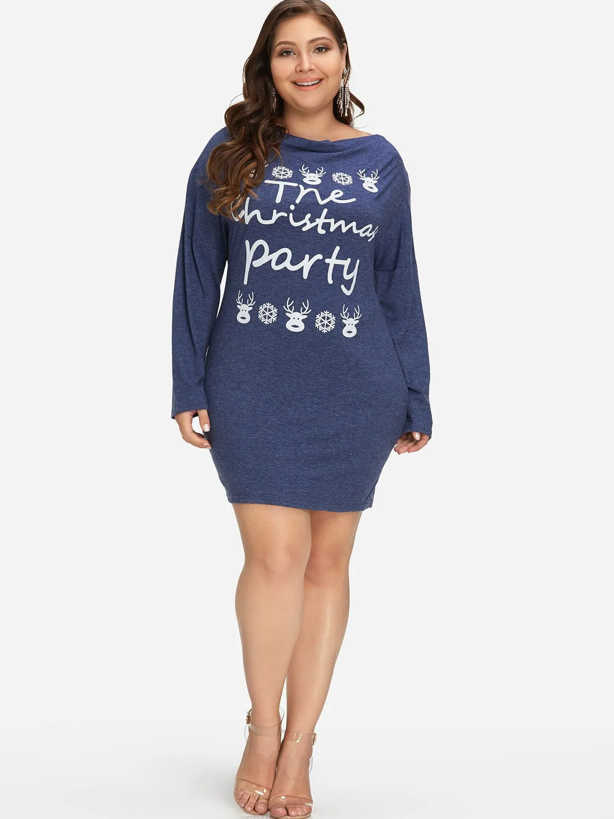 Bateau Letter Floral Print Long Sleeve Blue Plus Size Dress