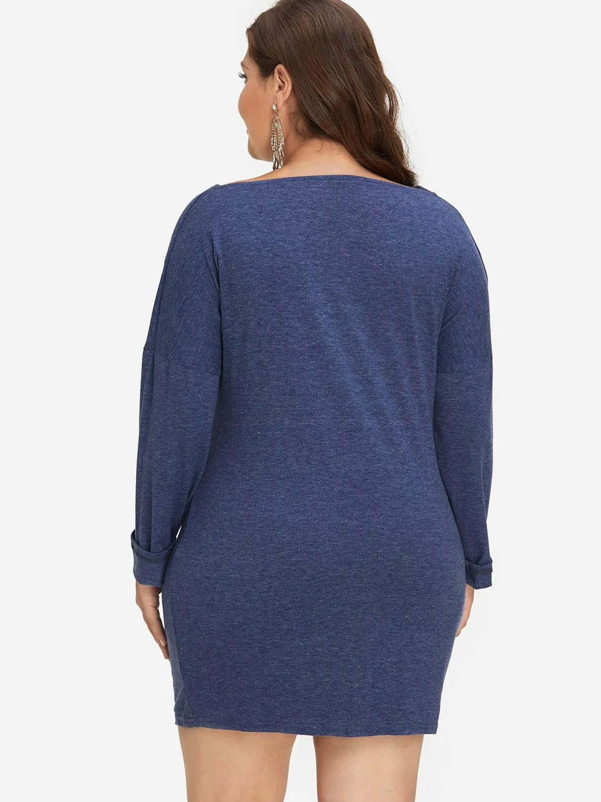 Bateau Letter Floral Print Long Sleeve Blue Plus Size Dress
