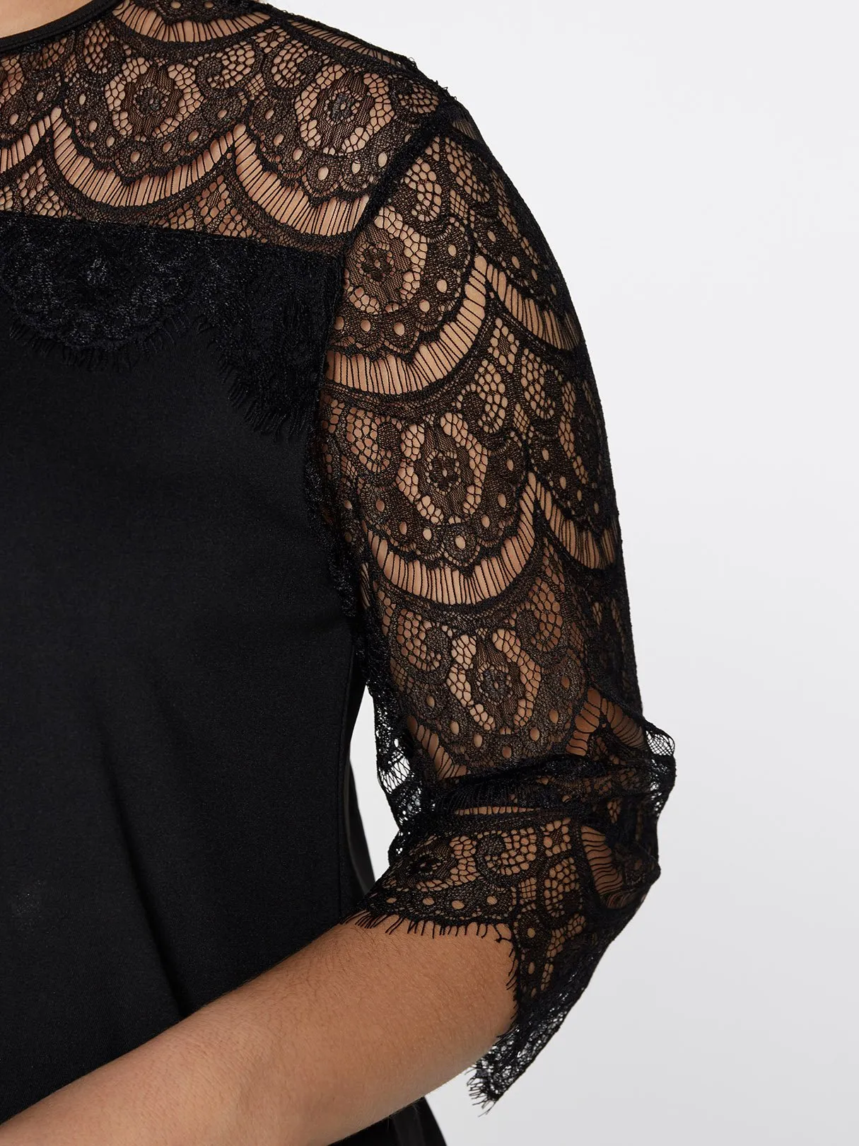 Bateau Plain Lace Hollow See Through 3/4 Sleeve Black Plus Size Dresses
