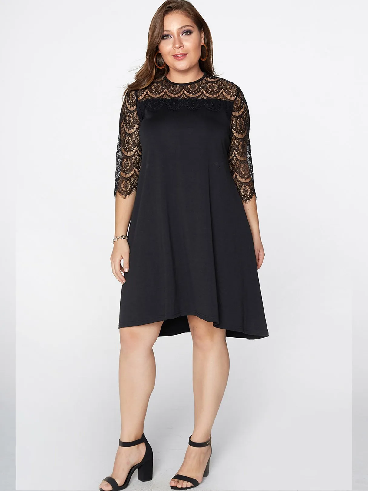 Bateau Plain Lace Hollow See Through 3/4 Sleeve Black Plus Size Dresses