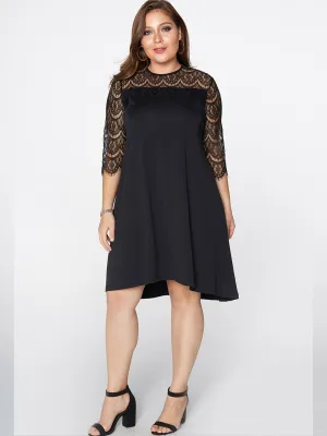 Bateau Plain Lace Hollow See Through 3/4 Sleeve Black Plus Size Dresses