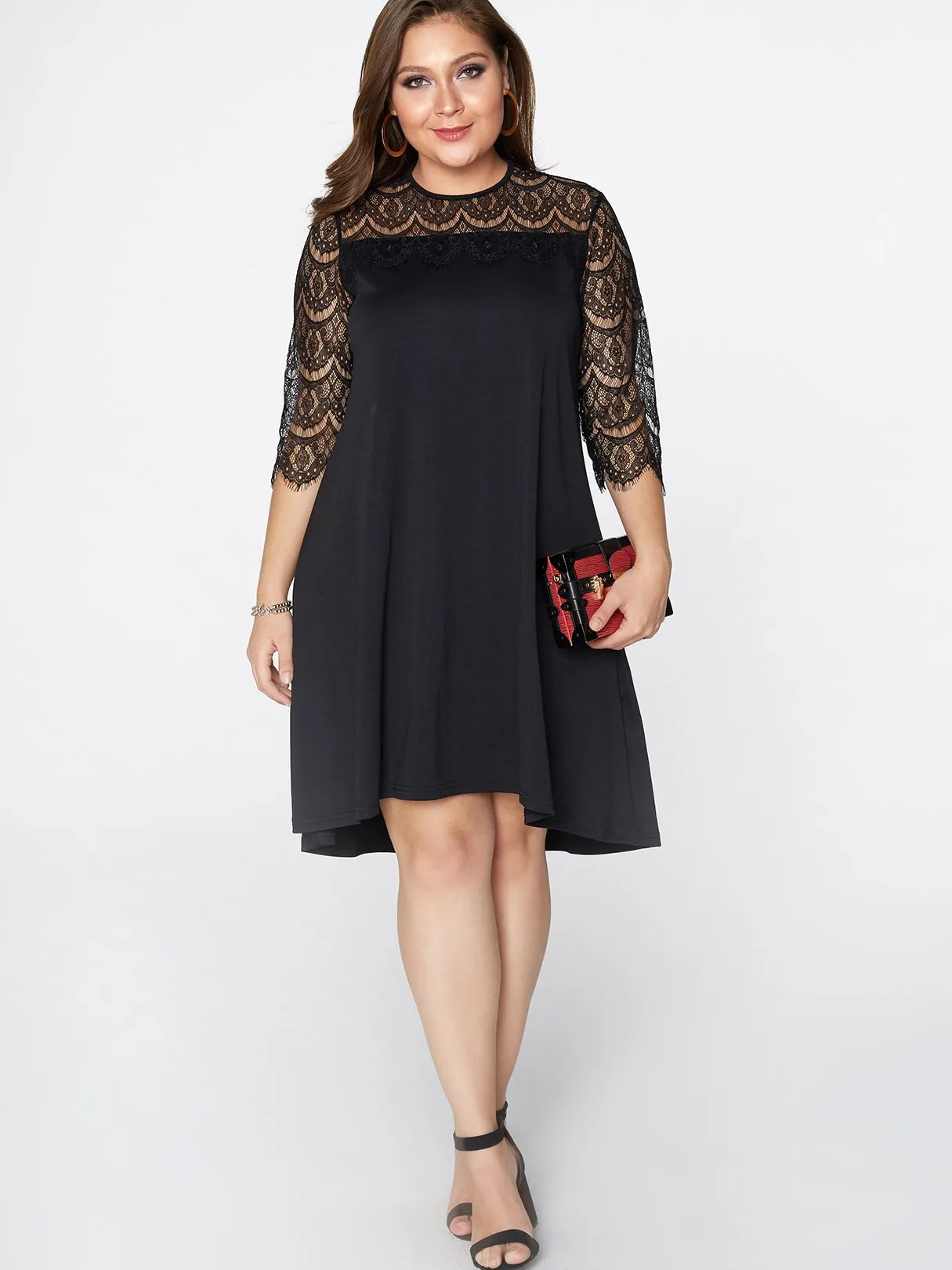 Bateau Plain Lace Hollow See Through 3/4 Sleeve Black Plus Size Dresses