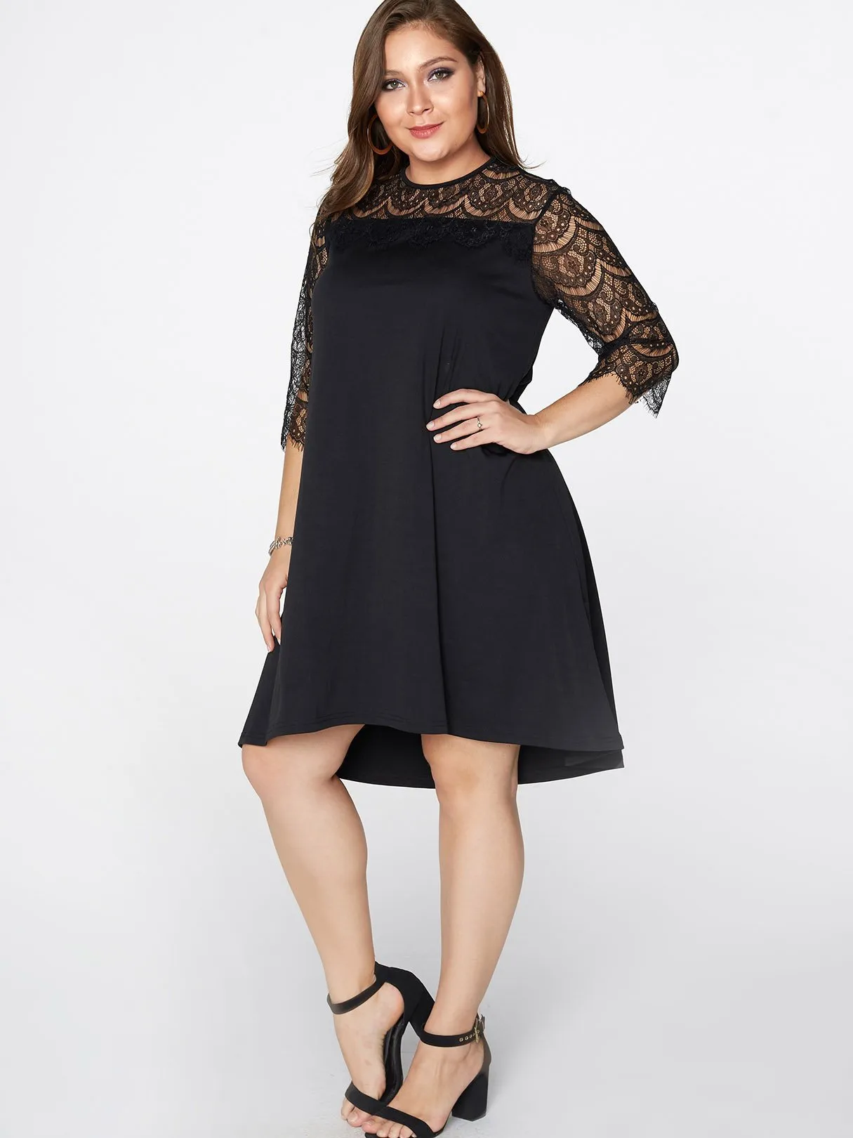 Bateau Plain Lace Hollow See Through 3/4 Sleeve Black Plus Size Dresses