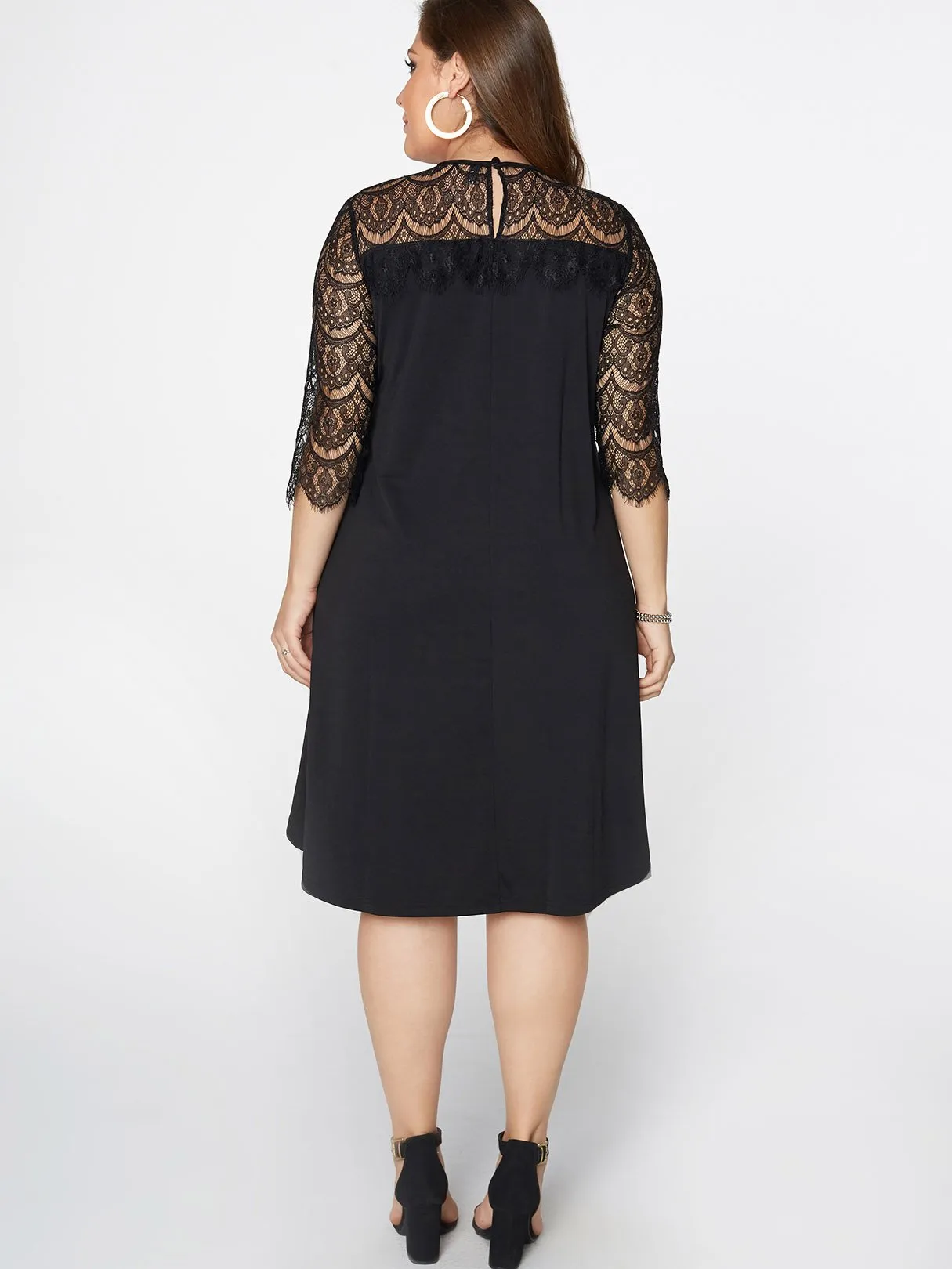 Bateau Plain Lace Hollow See Through 3/4 Sleeve Black Plus Size Dresses
