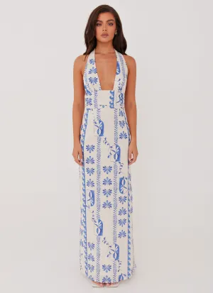Batwing Style Sky Linen Maxi Dress - Floral Wave Sky Linen Maxi Dress - Floral Wave Layering Essential Relaxed Style