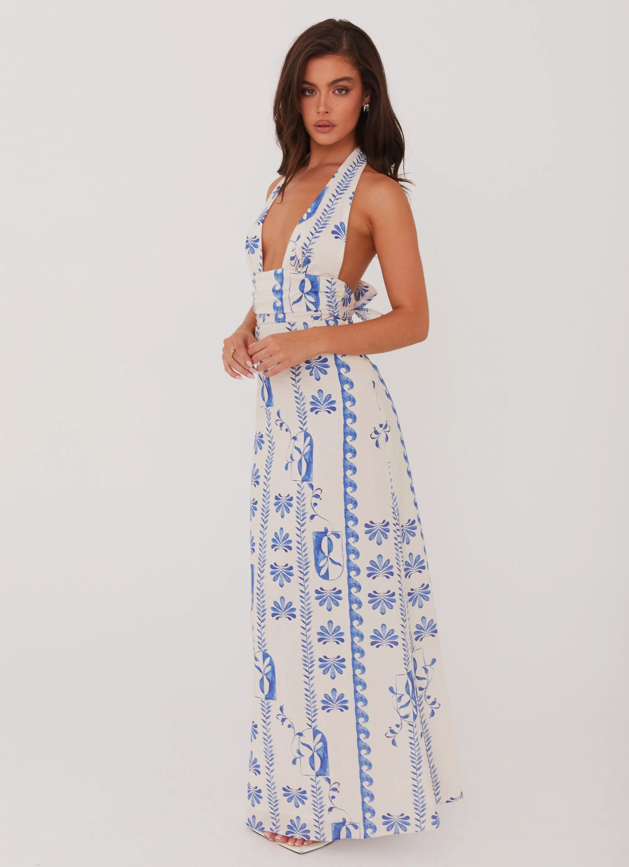 Sky Linen Maxi Dress - Floral Wave Performance Fabric