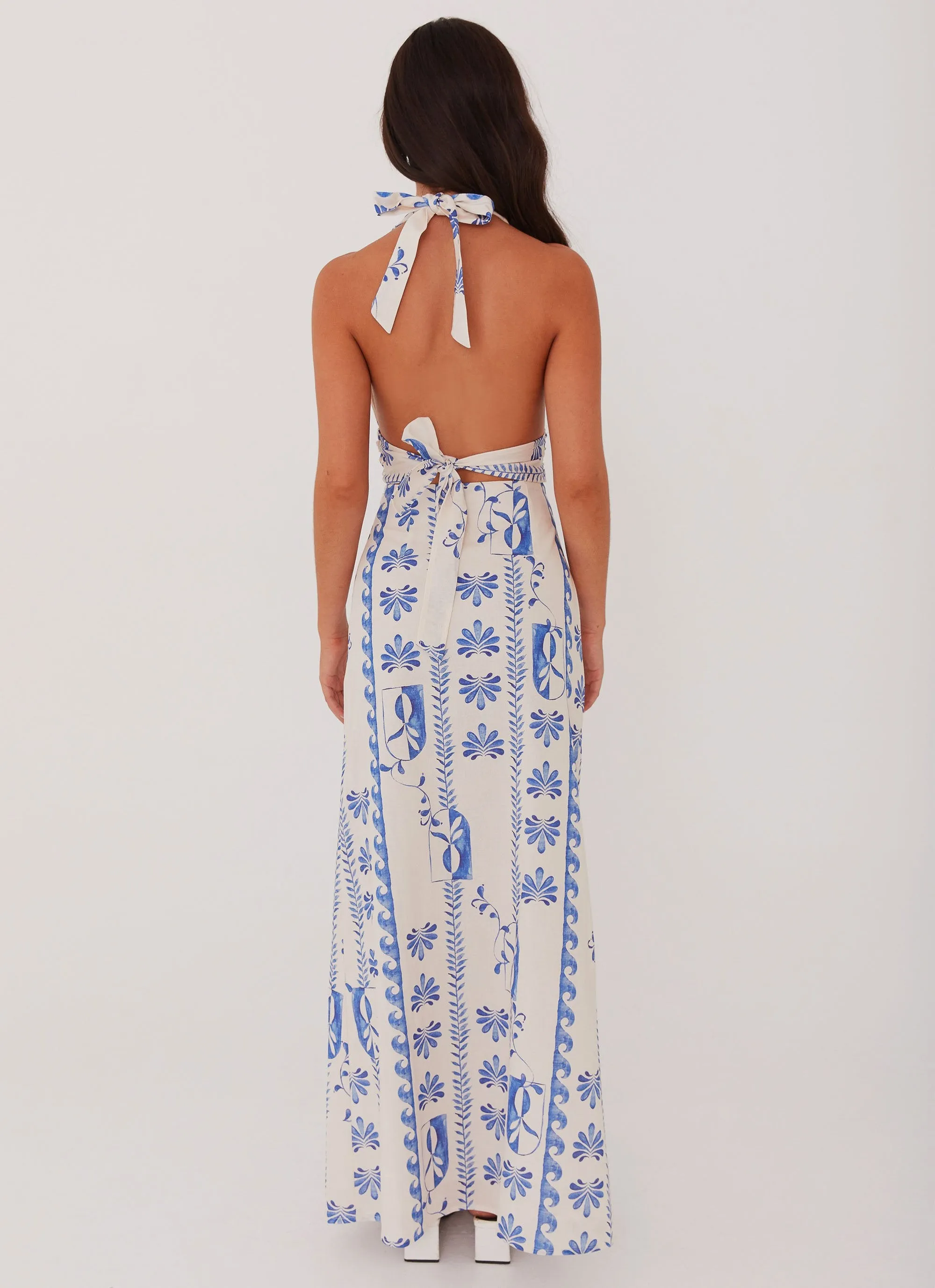 Sky Linen Maxi Dress - Floral Wave Seamless construction Nautical Look