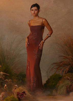 Back-Pocket Comfortable Shape Bayla Beaded Flower Maxi Dress - Chocolate