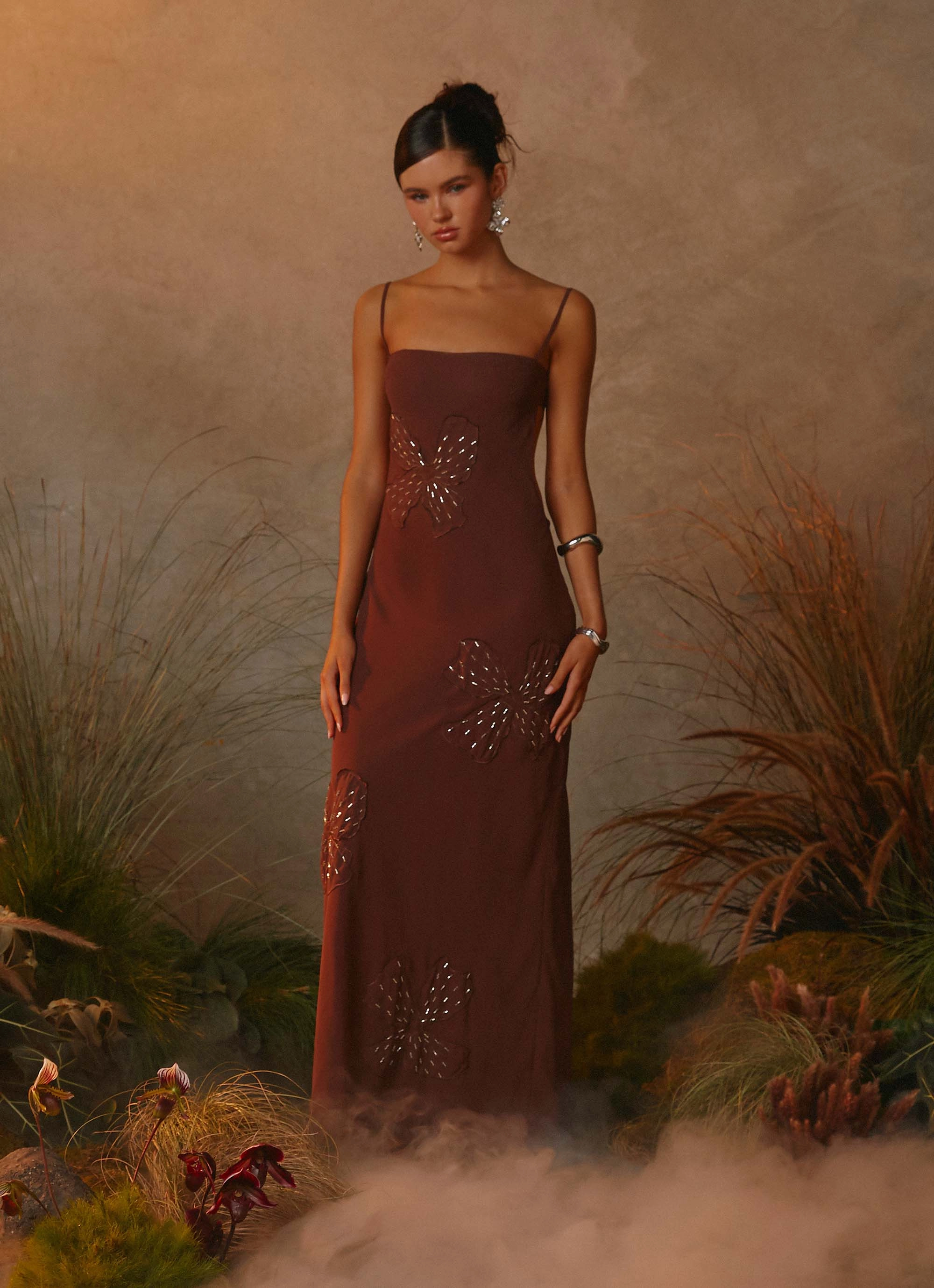 soft elegance Minimalist Waist Bayla Beaded Flower Maxi Dress - Chocolate