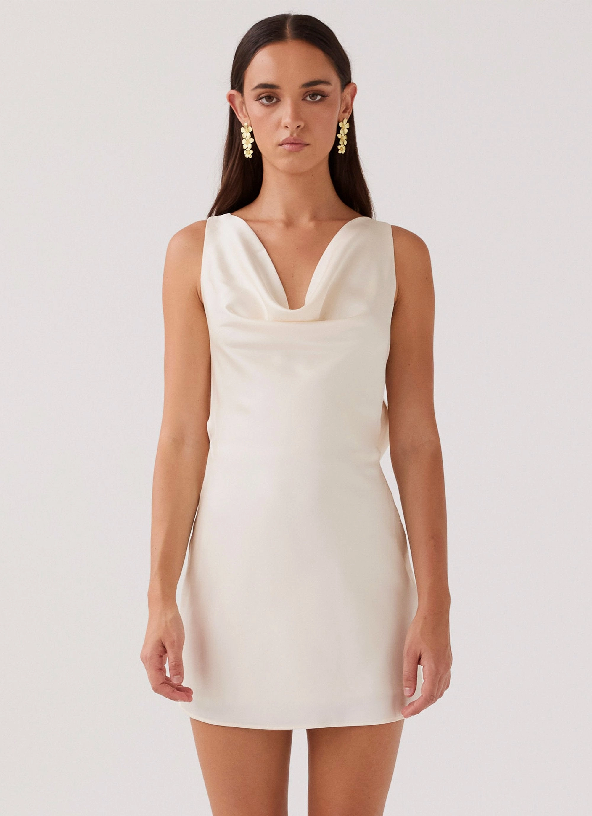 Be Mine Satin Mini Dress - Ivory Perfect Proportion Elegant Waist Design